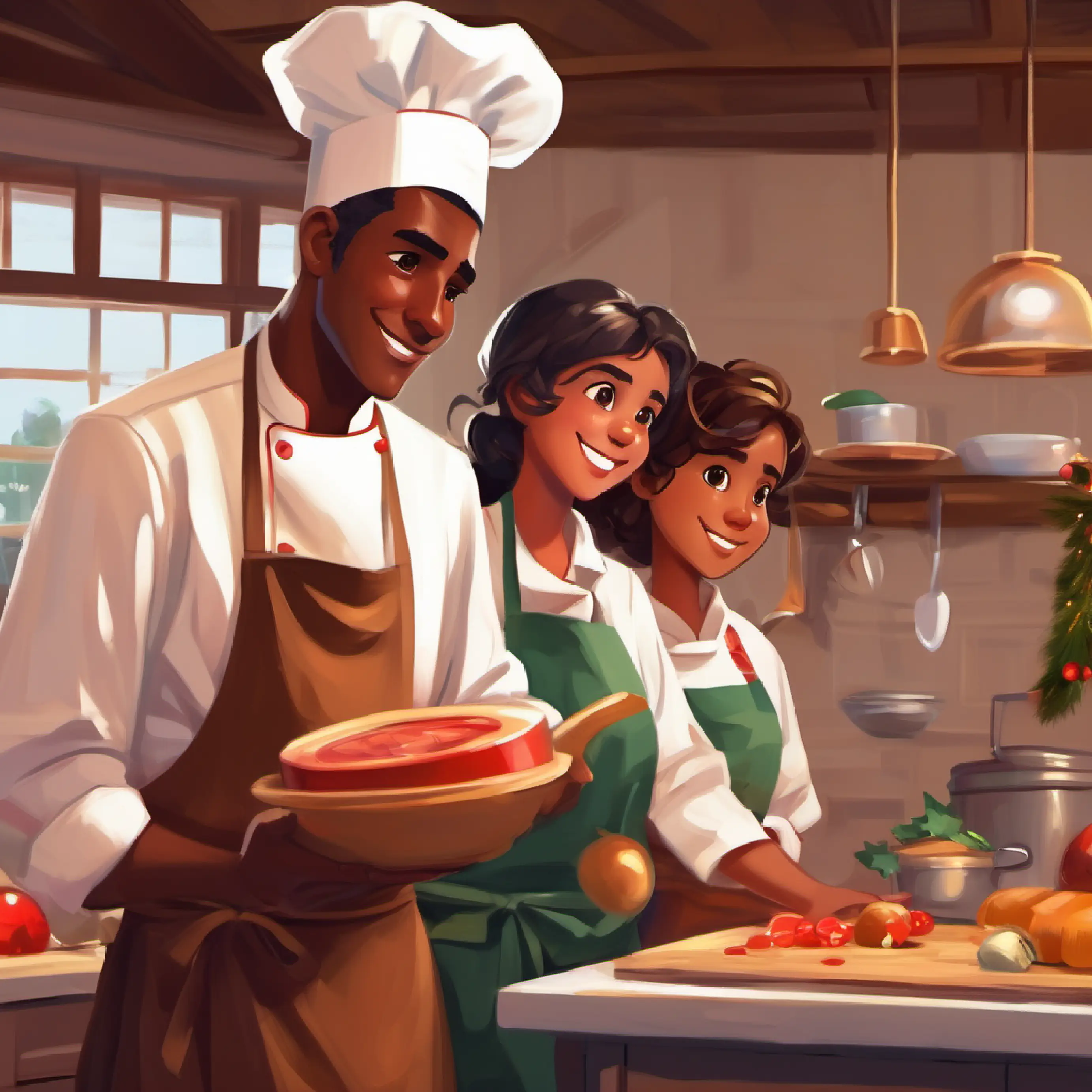 Tall, brown skin, brown eyes, chef's uniform, encouraging cooking, Curious girl, brown skin, dark eyes, vibrant apron admiring him.