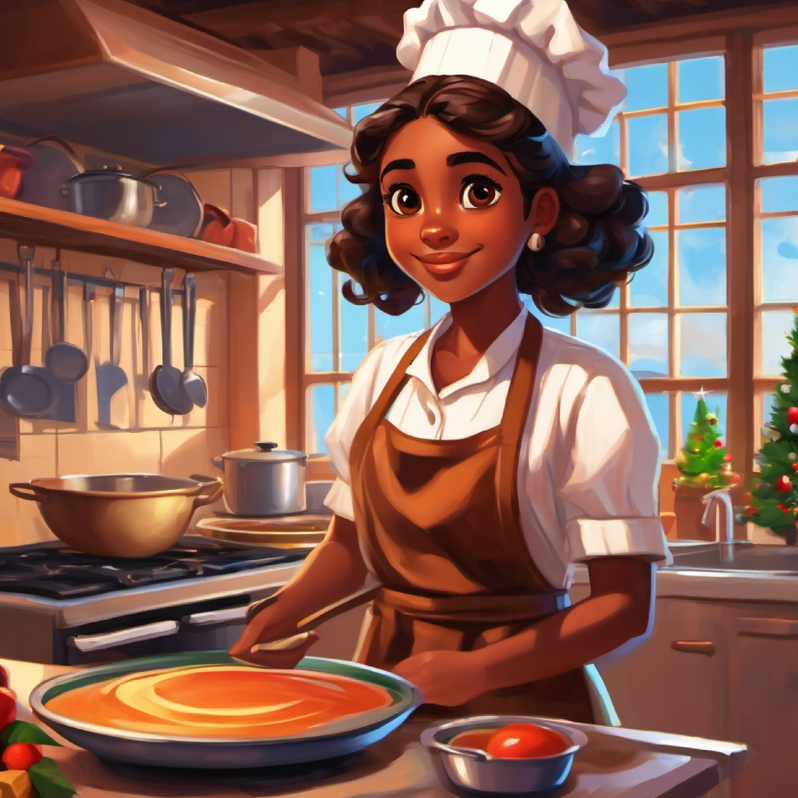 Curious girl, brown skin, dark eyes, vibrant apron learning to cook with Tall, brown skin, brown eyes, chef's uniform, encouraging’s guidance.