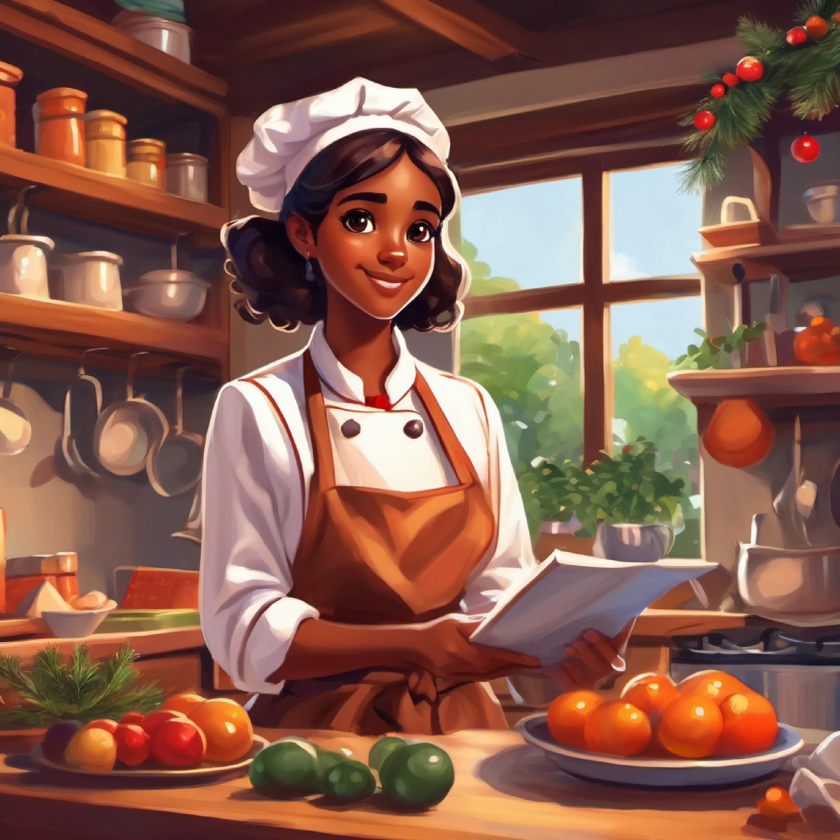Curious girl, brown skin, dark eyes, vibrant apron studying cookbooks and observing Tall, brown skin, brown eyes, chef's uniform, encouraging.