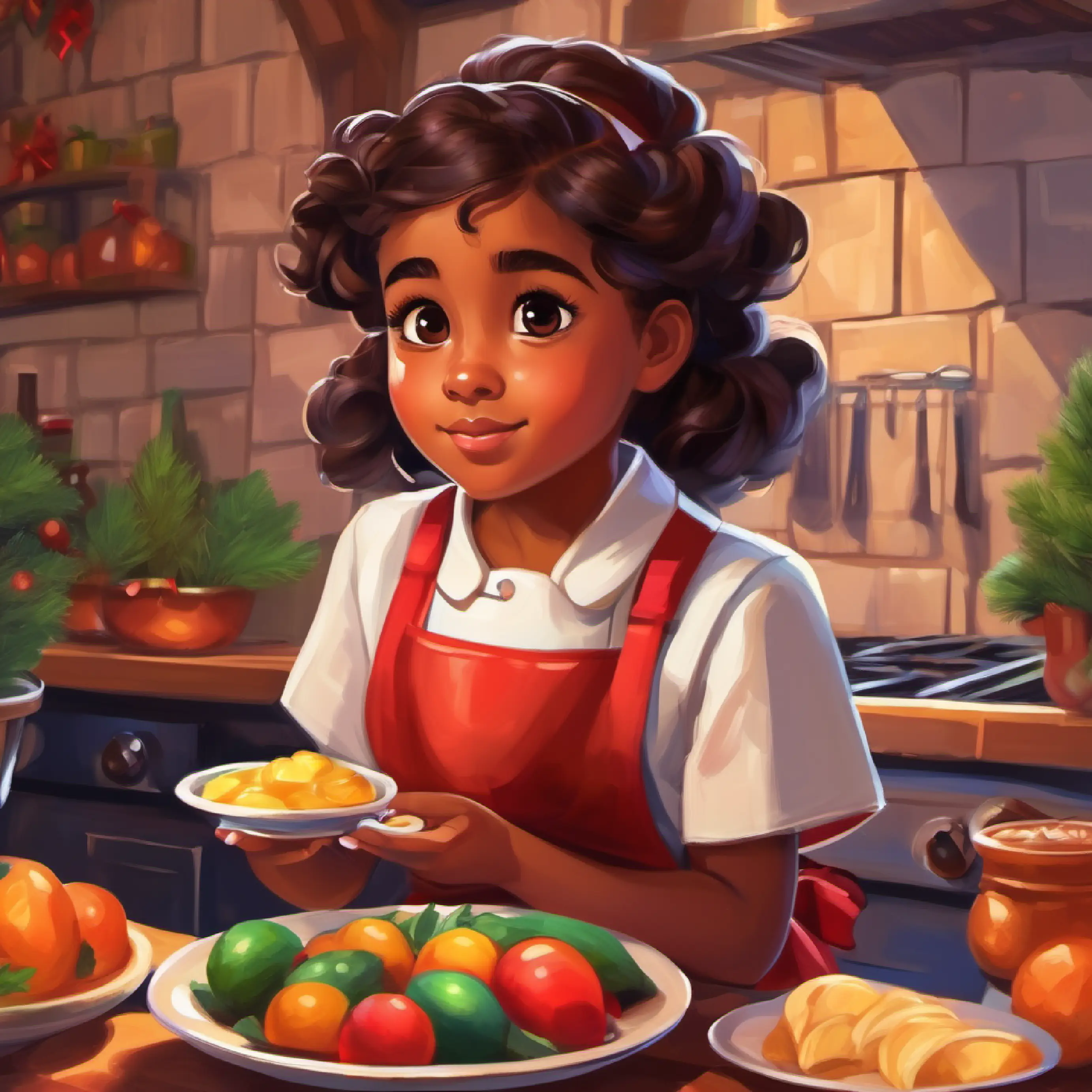 Curious girl, brown skin, dark eyes, vibrant apron’s curiosity about food properties.