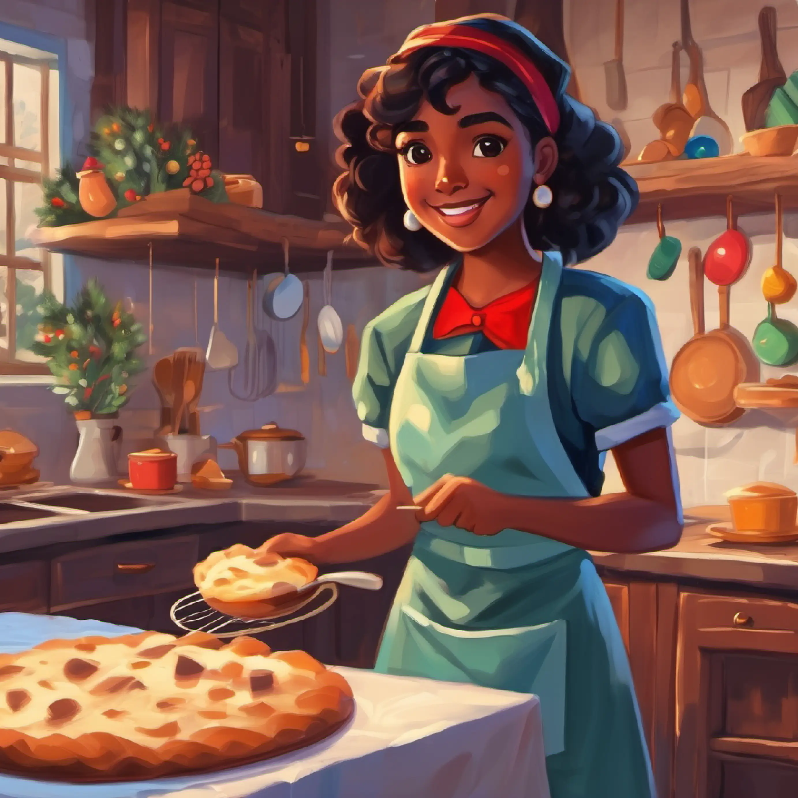 Curious girl, brown skin, dark eyes, vibrant apron becoming skilled, her baking praised by neighbors.