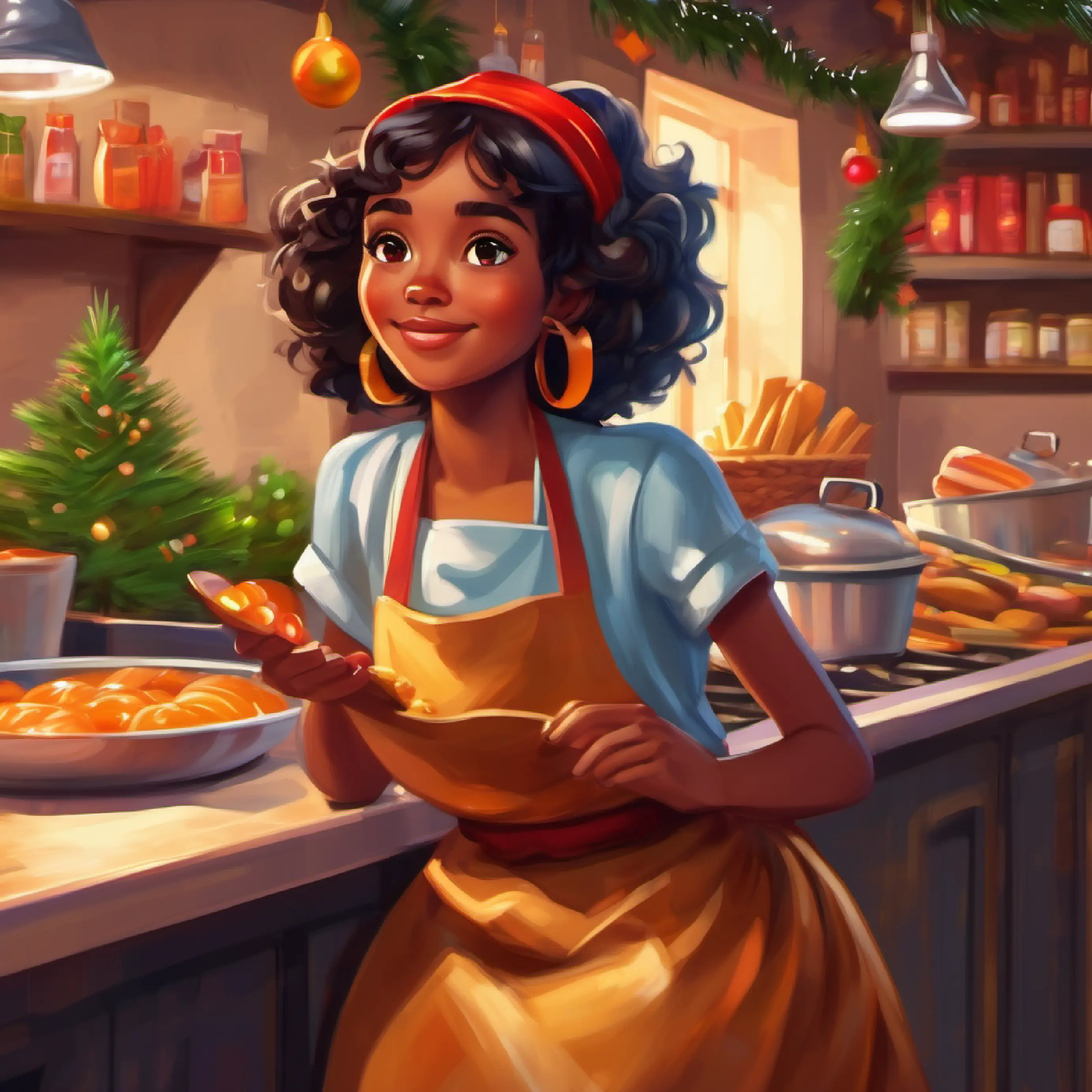 Community enjoying Curious girl, brown skin, dark eyes, vibrant apron’s food, encouraging her dream.