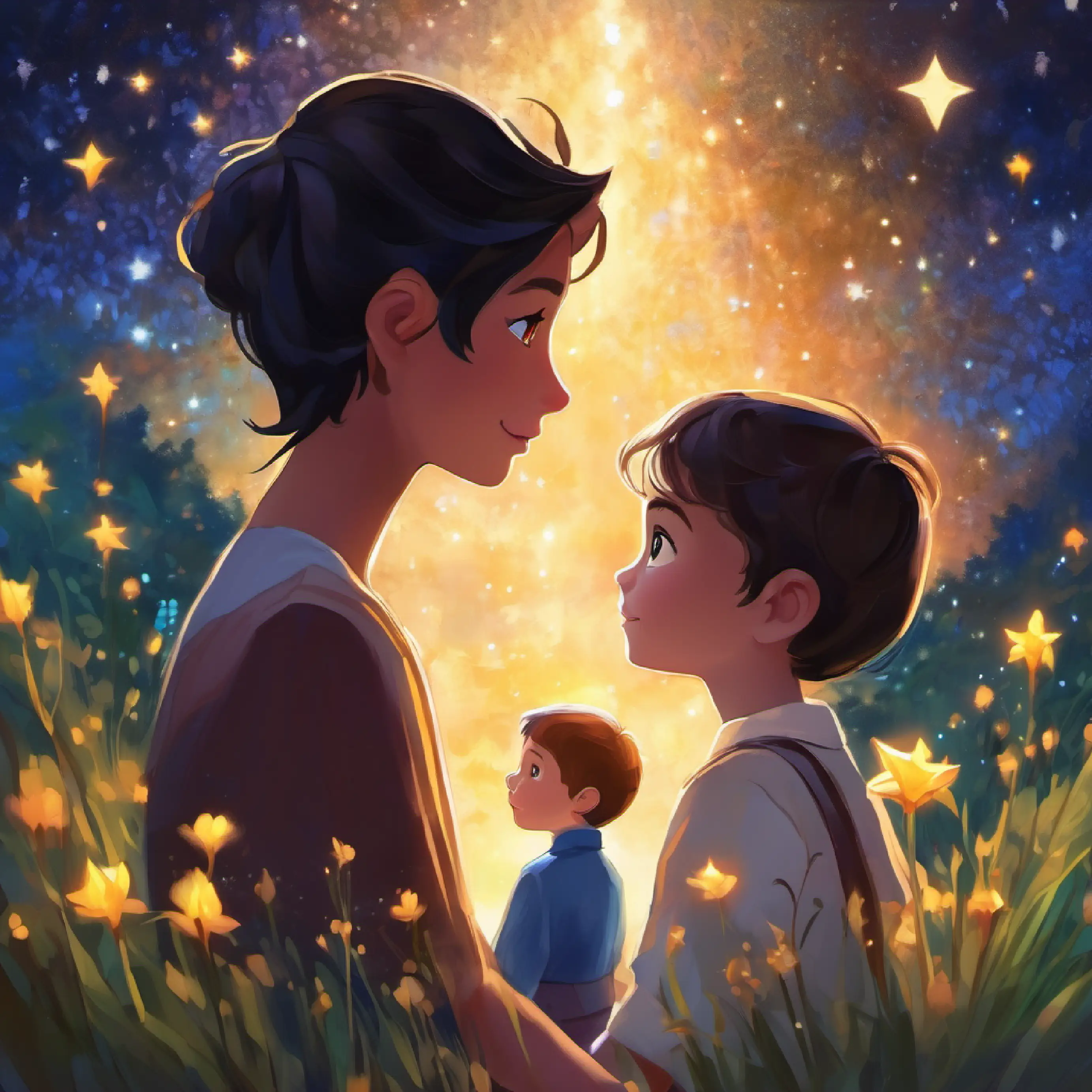 A star given human form, eyes sparkling like a night sky returns to her realm, enriched by her timeless bond with Boy with skin like mahogany, hazel eyes full of dreams.