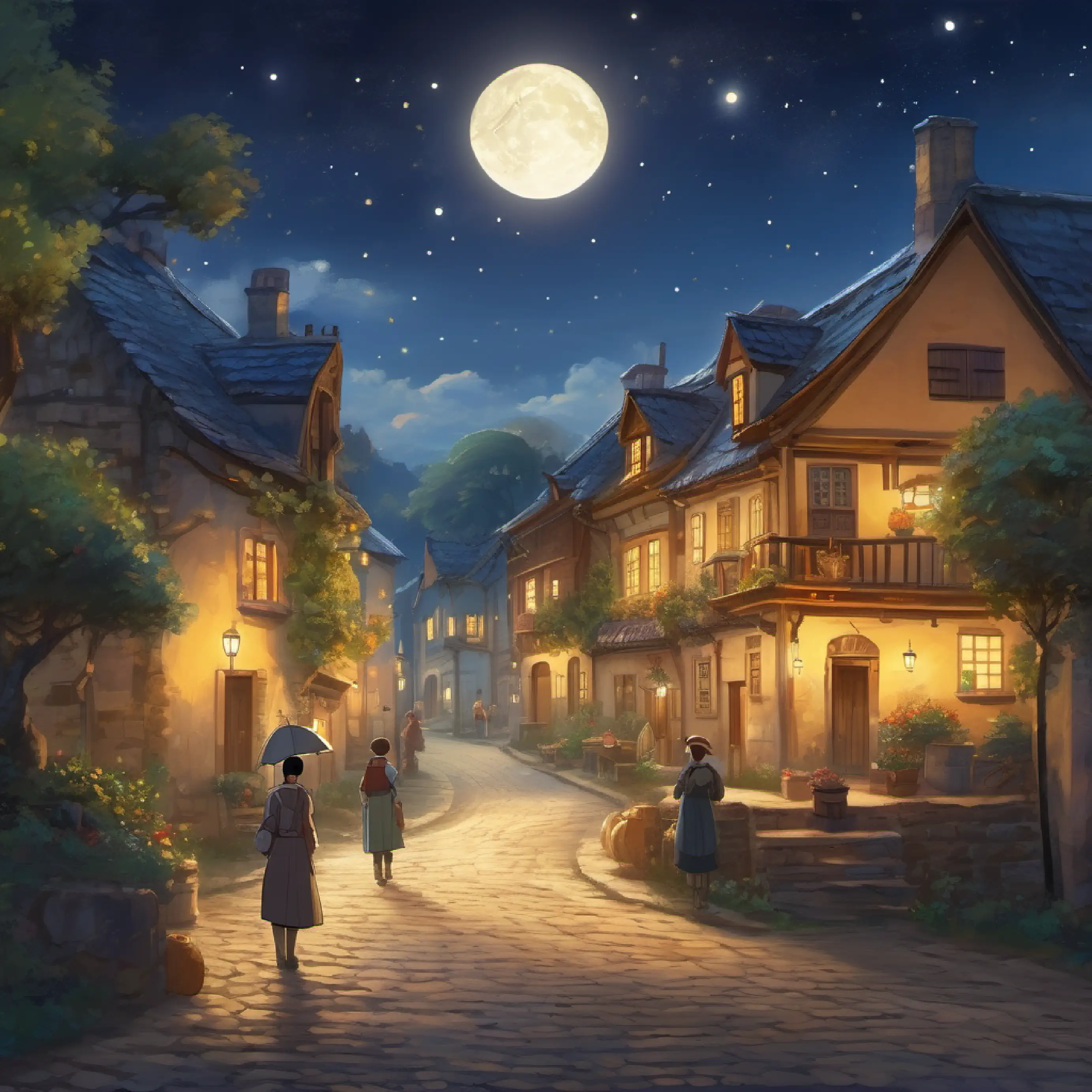 A star given human form, eyes sparkling like a night sky arrives in old village, the setting suggesting historical times.