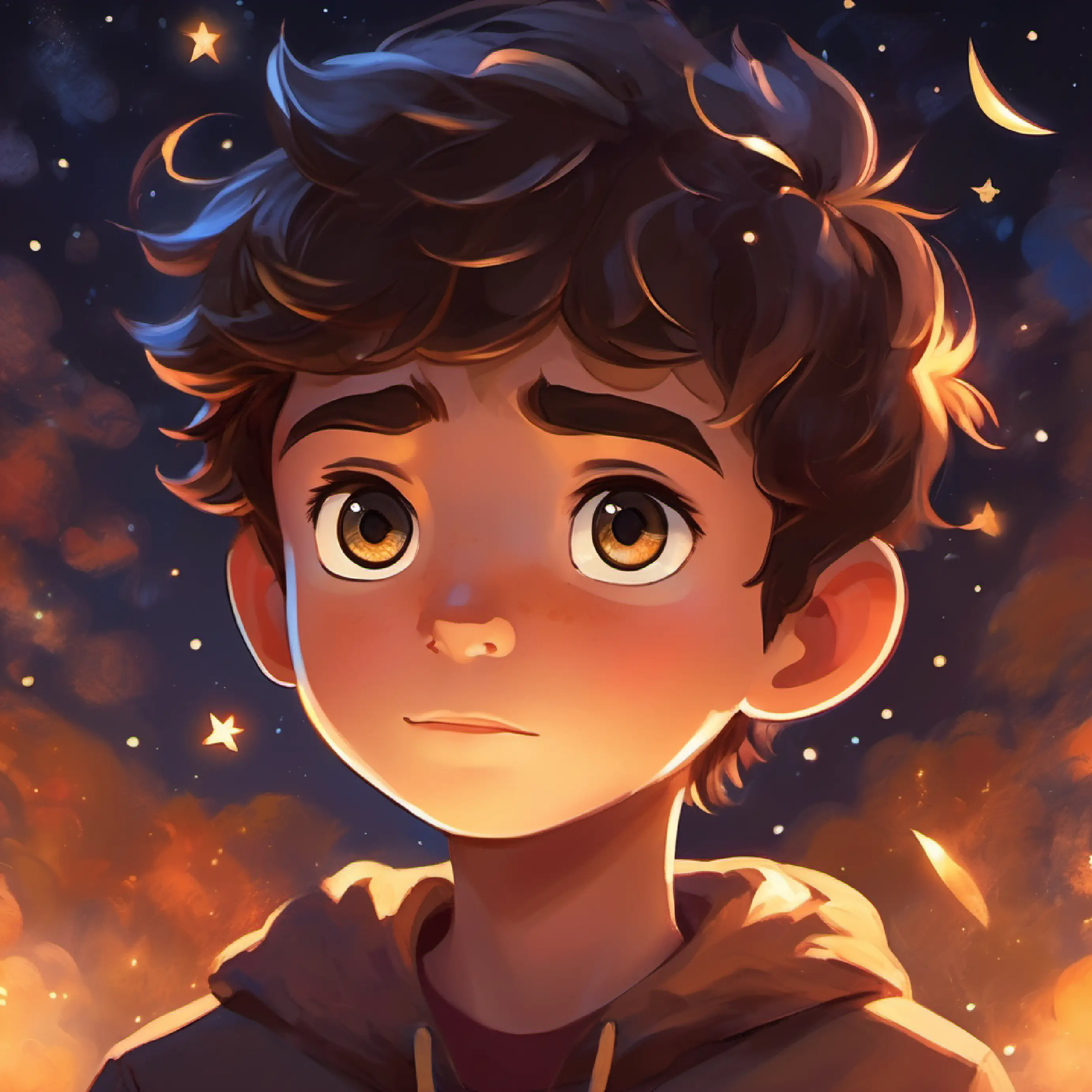 Boy with skin like mahogany, hazel eyes full of dreams reciprocates, recognizing A star given human form, eyes sparkling like a night sky's impact on his thought.
