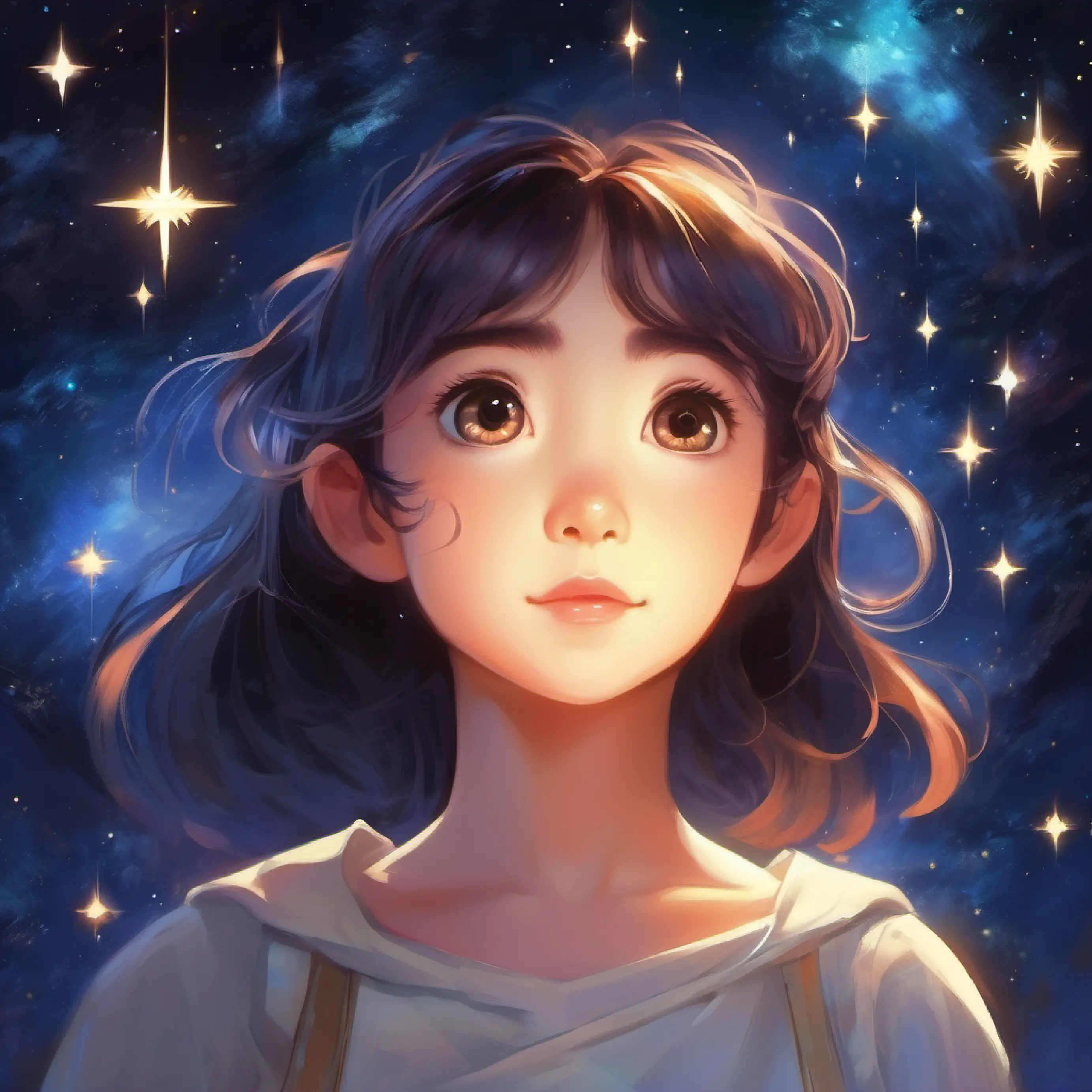 Introduction of A star given human form, eyes sparkling like a night sky, a star in space, longing for knowledge.