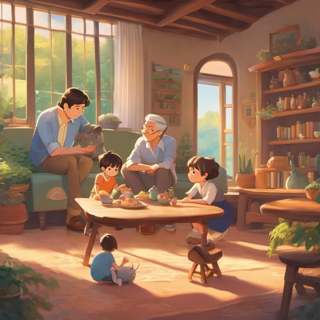 a whimsical family with a father, mother, and 8-year-old son; father looking dreamy