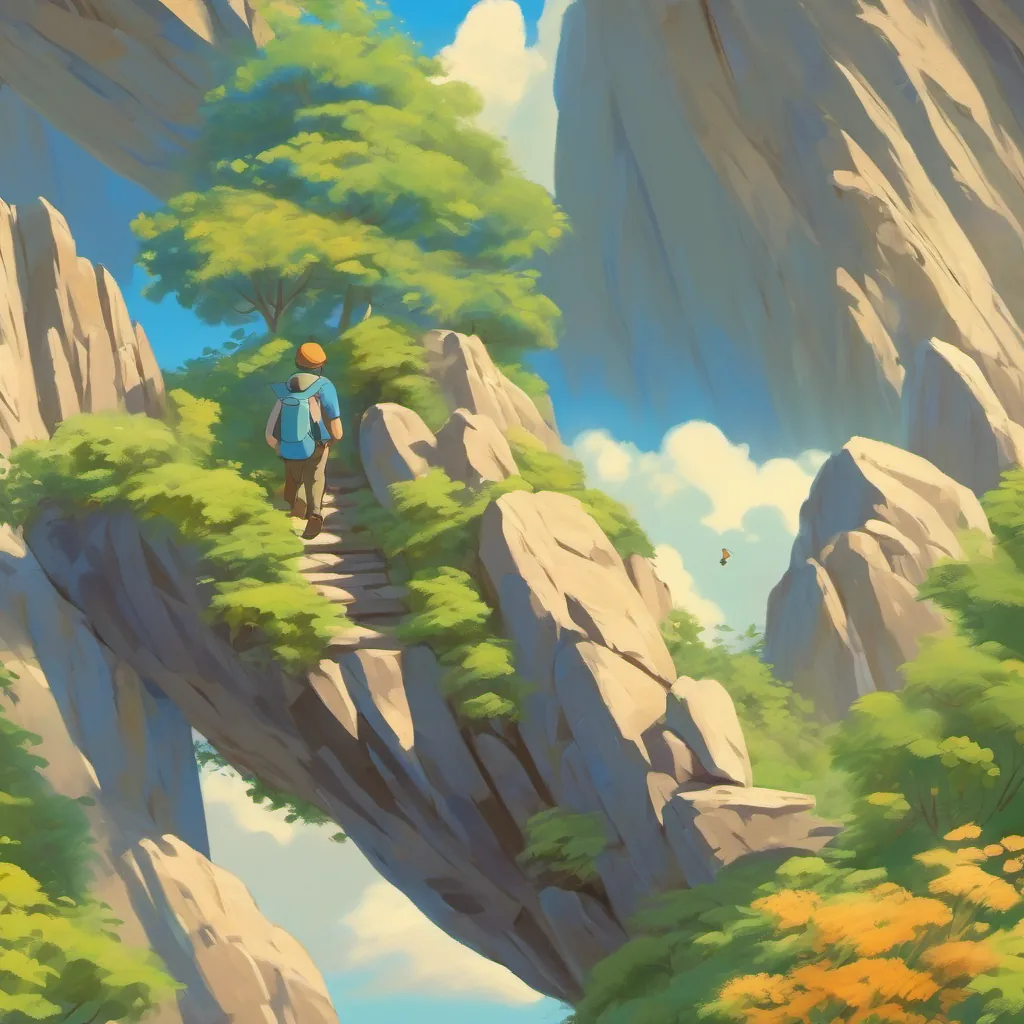 a sunny morning, father and son climbing a mountain, a blue sky, birds singing