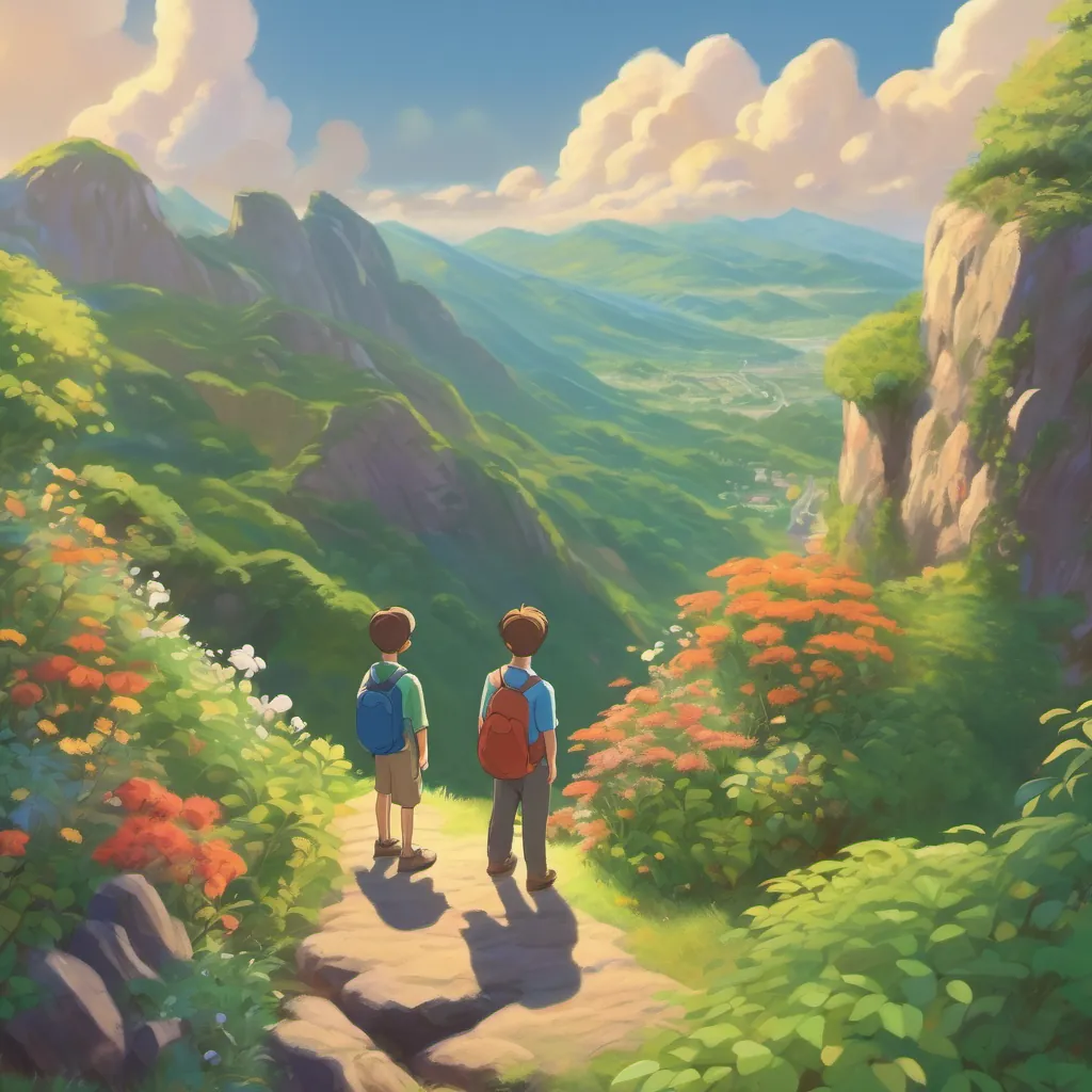 father and son standing at the top of the mountain, looking at their dream garden site