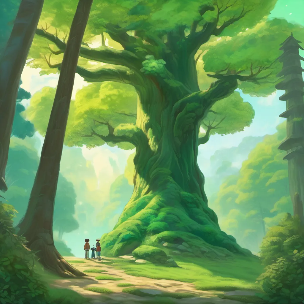 a tall talking tree with emerald leaves greeting the father and son