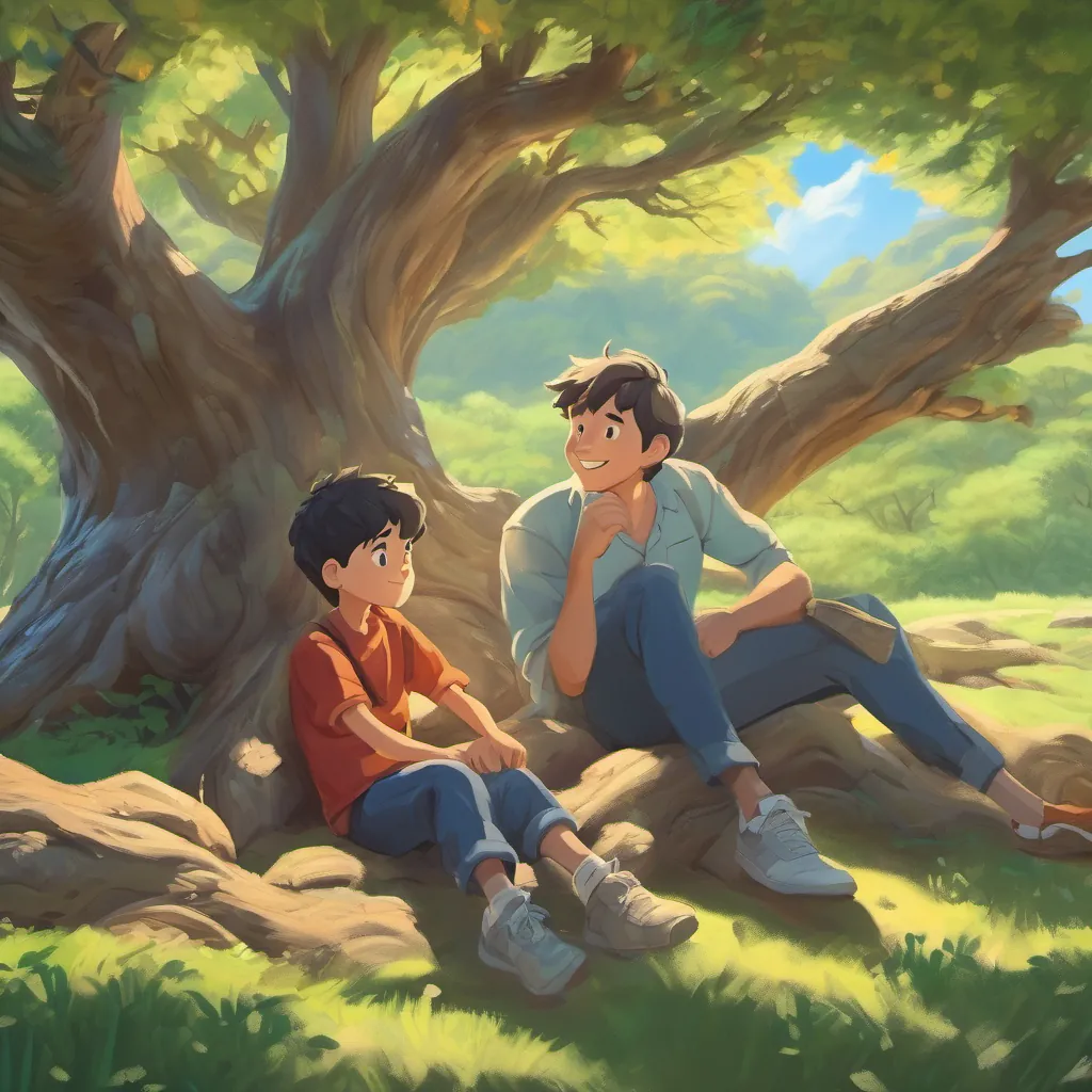 father and son resting under the talking tree, father showing excitement