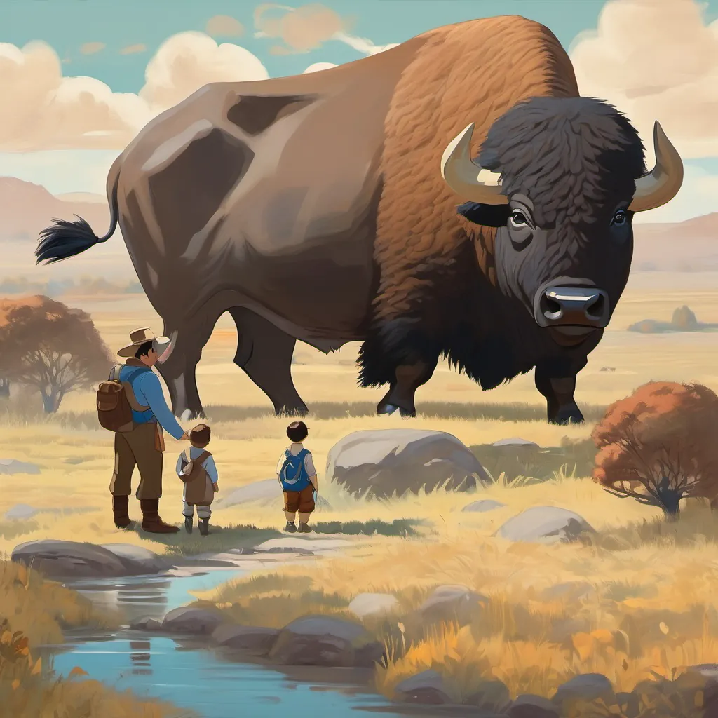 father and son imagining a big buffalo, the buffalo saying 'Moo, moo!'