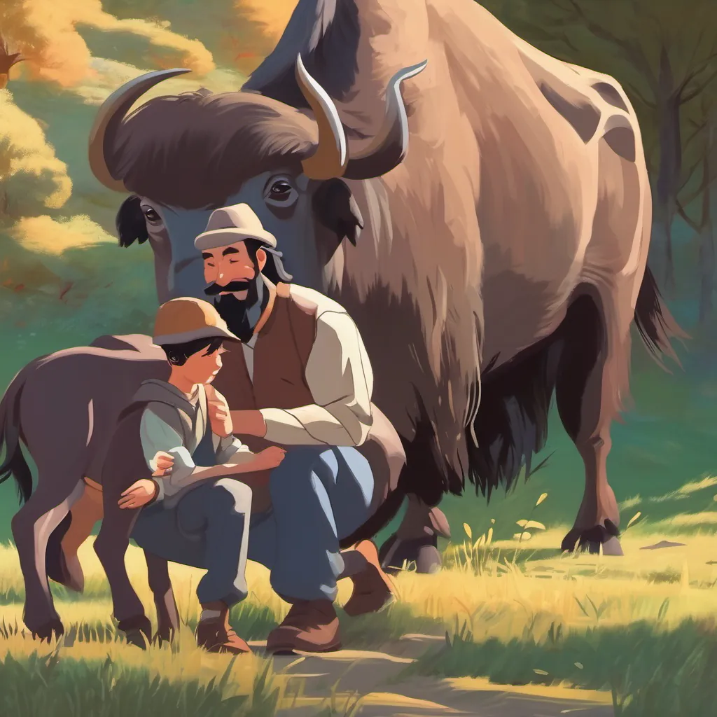 father and son imagining a herd of buffaloes, father chuckling