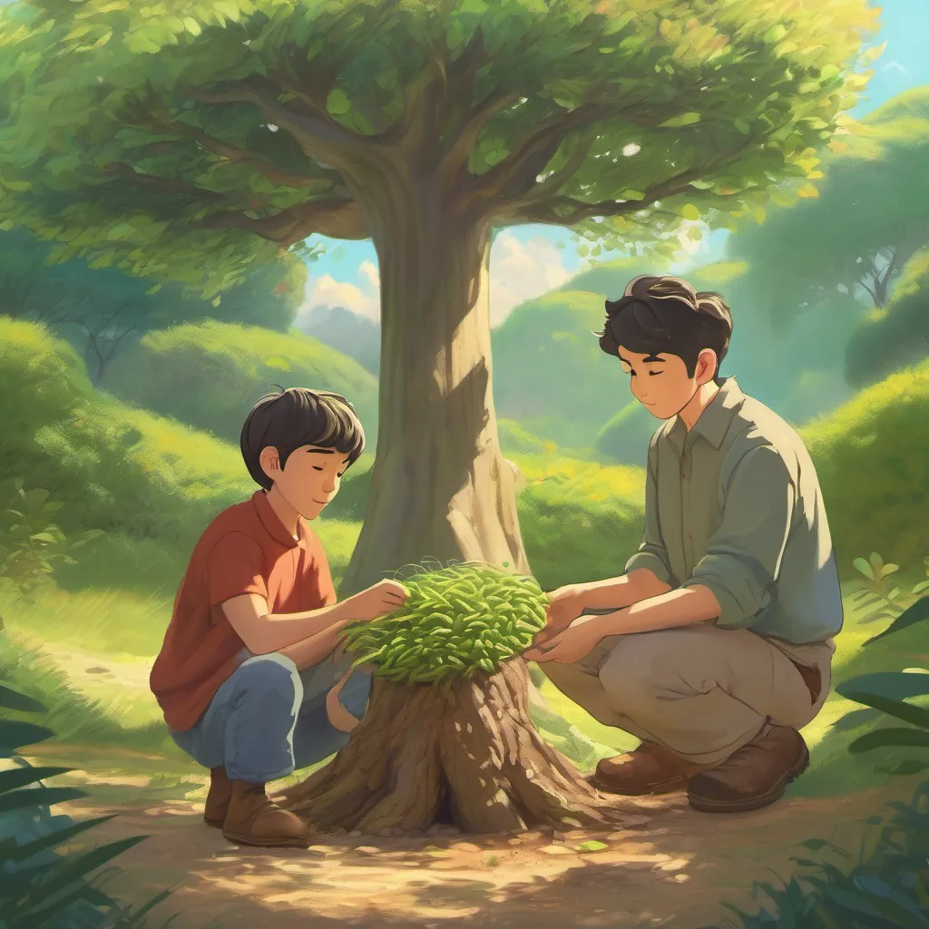 father and son pretending to plant seeds under the talking tree