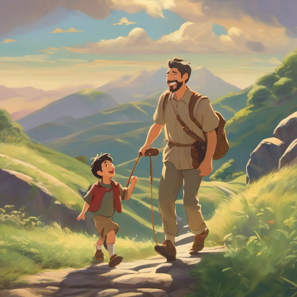 father and son laughing and walking up the mountain, echoes of laughter