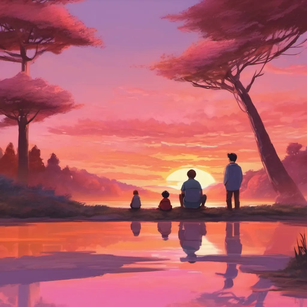a beautiful sunset, the sky in orange and pink hues, father and son watching
