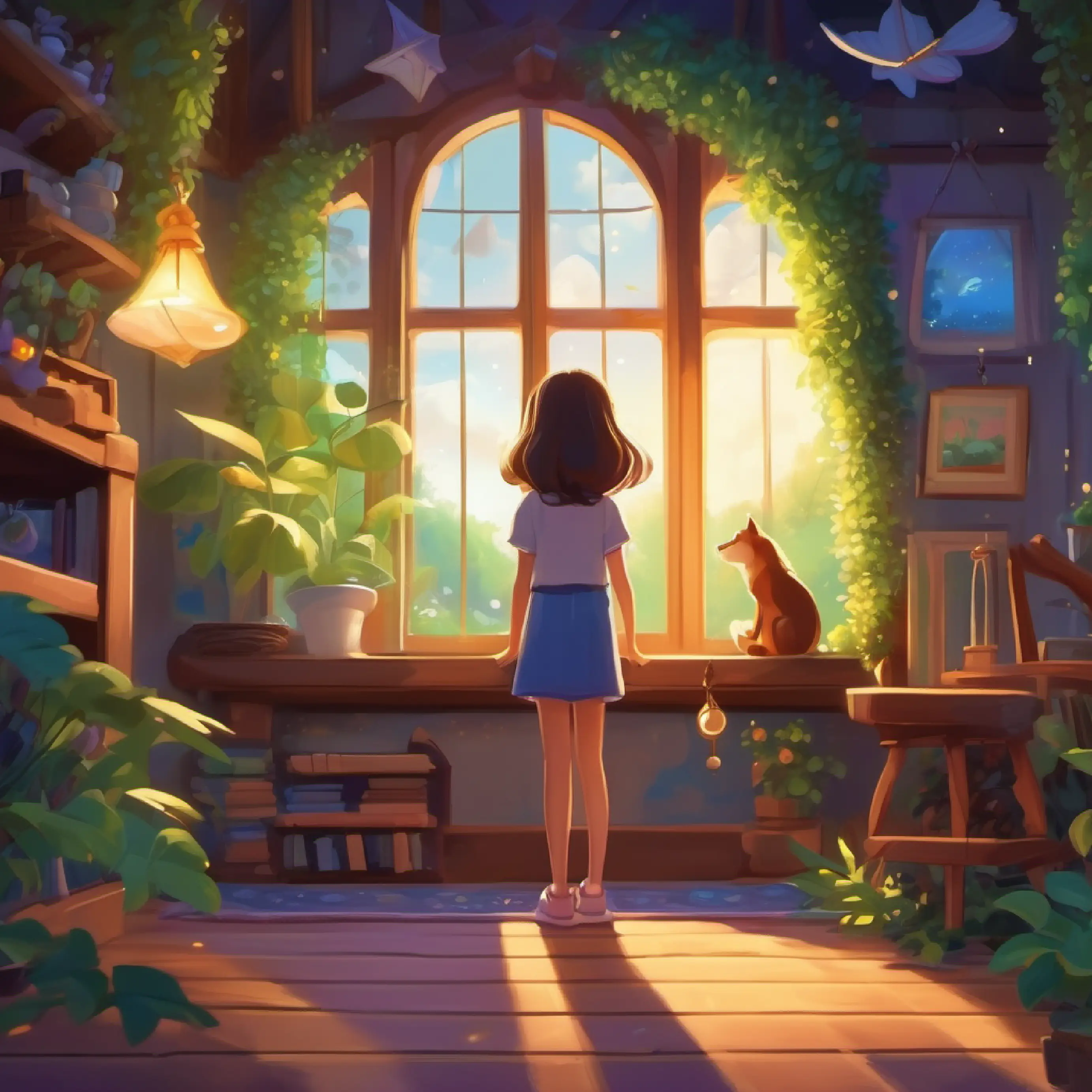 Introduction to Curious girl, bright eyes, lives near magical woods, setting at her home, wishing upon the stars.