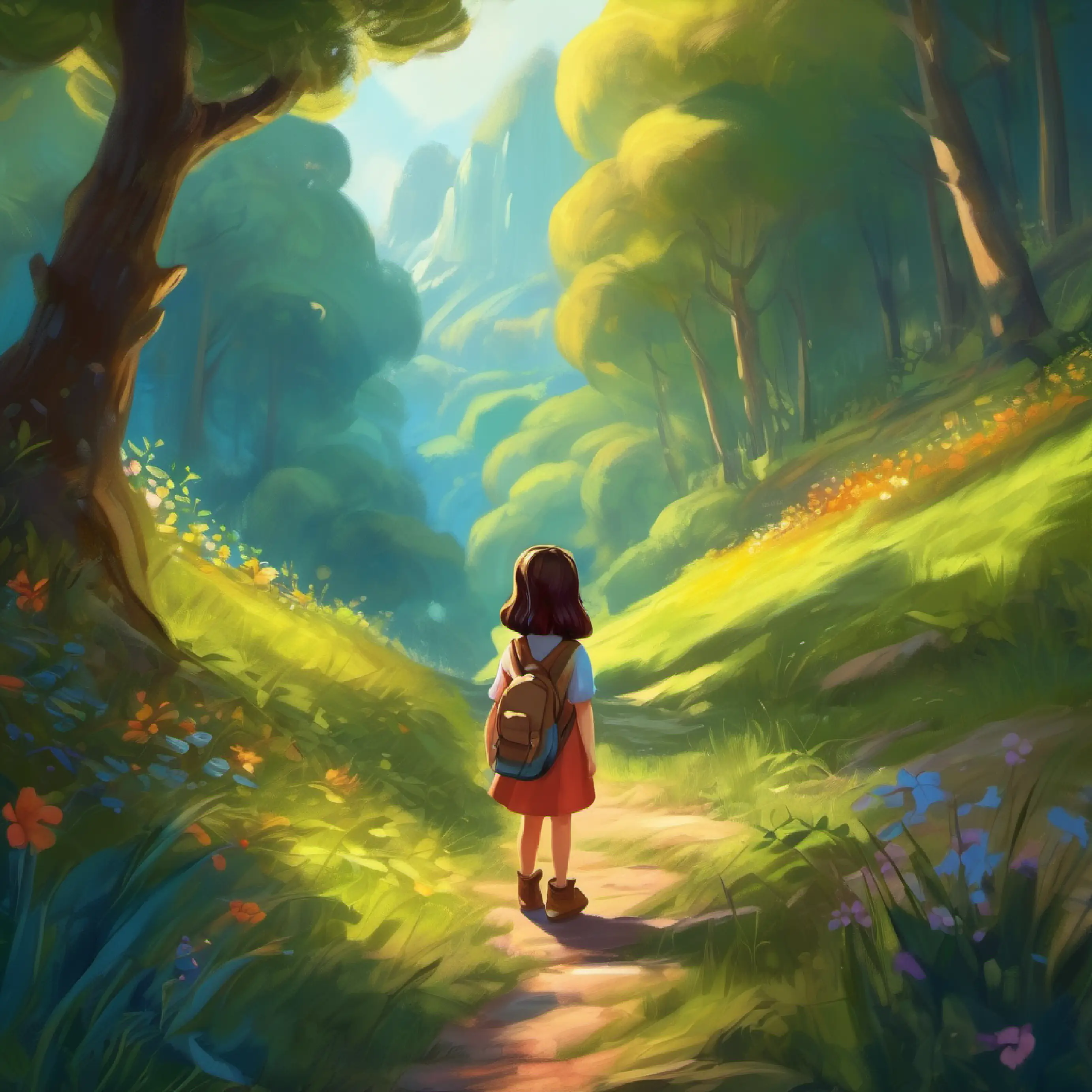 Curious girl, bright eyes, lives near magical woods finds a dream feather, sets out to find the Valley of Dreams.