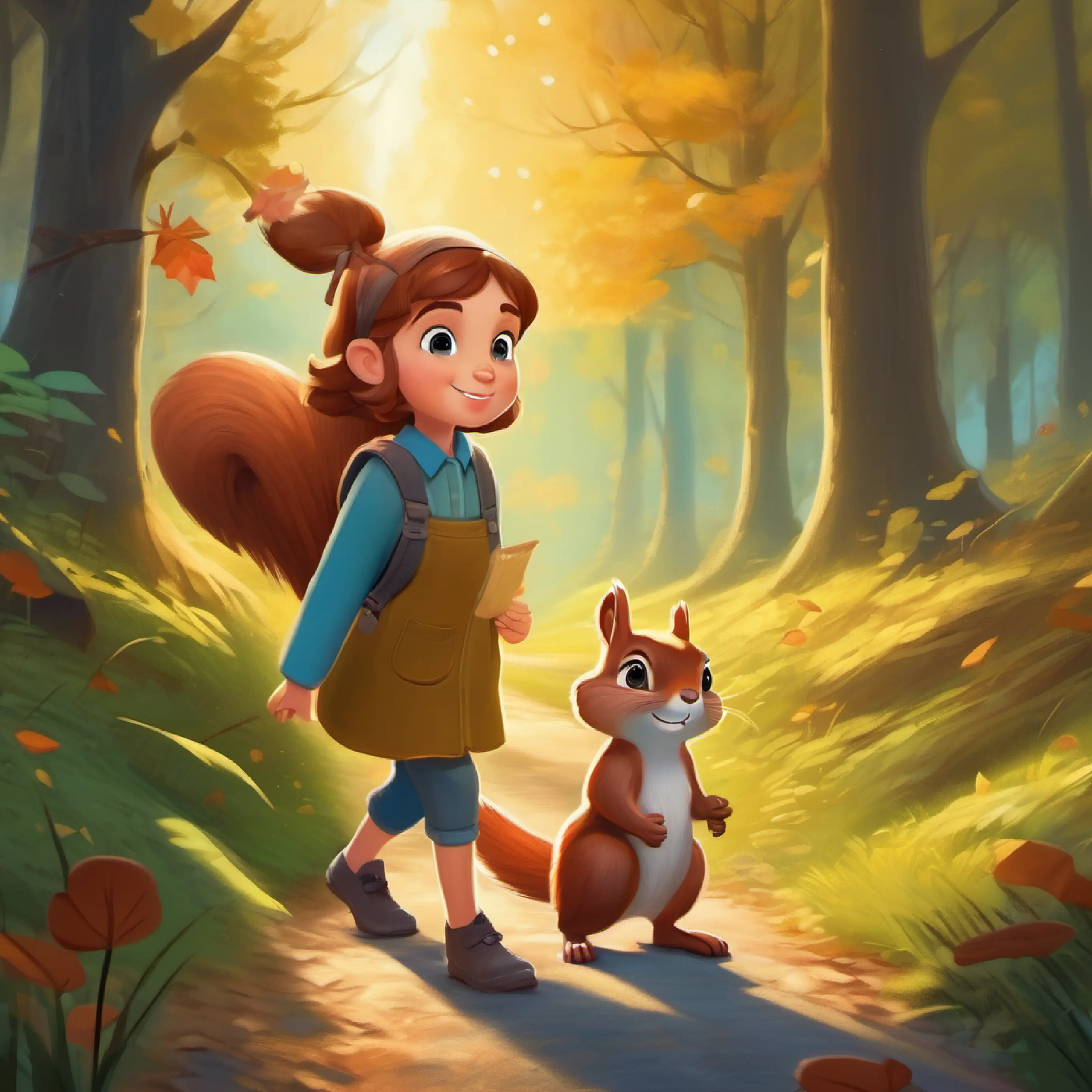 Curious girl, bright eyes, lives near magical woods enters woods, and comes to a fork in the road with a helpful squirrel.