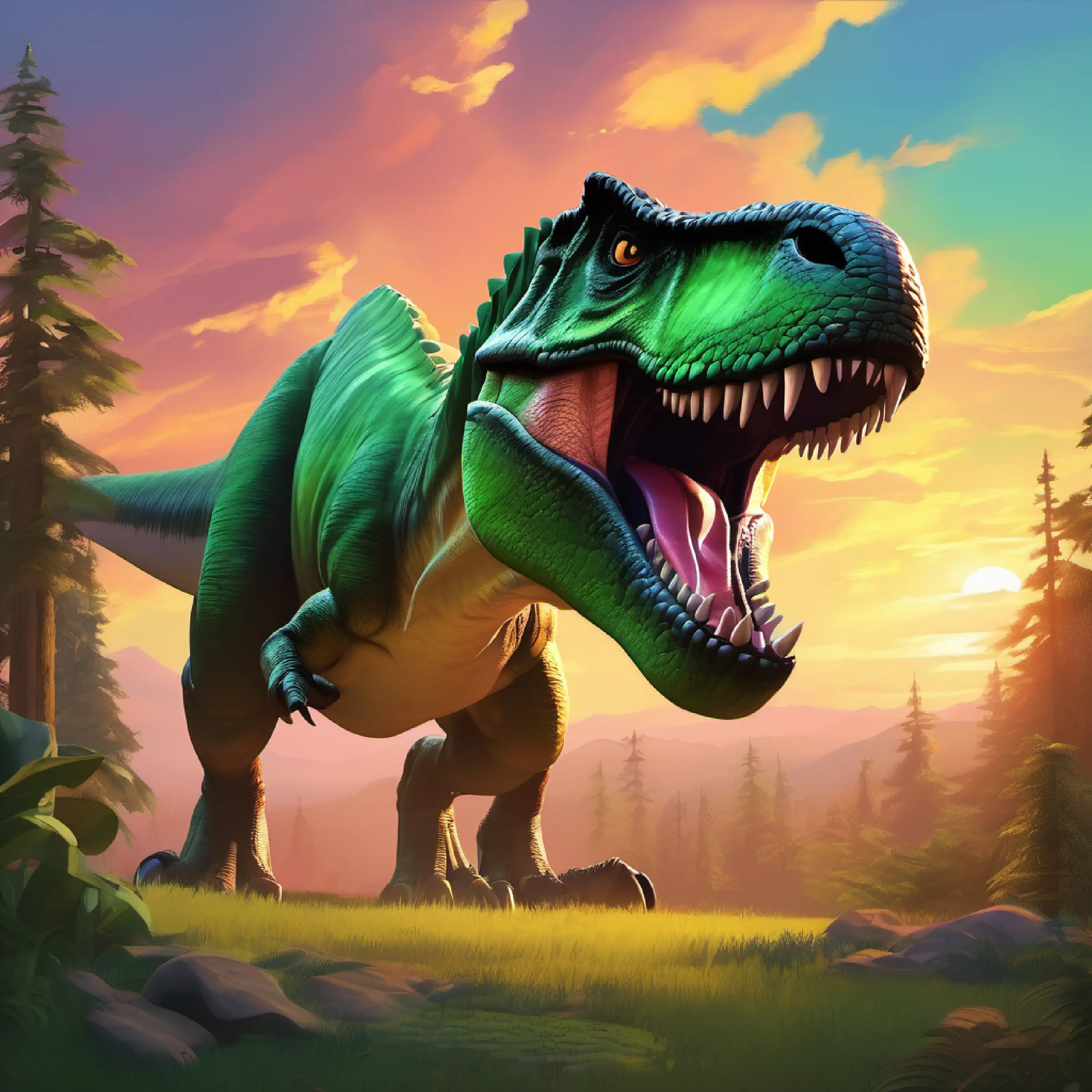 Introduction of Large T-Rex with sharp teeth, green skin, and fierce eyes the T-Rex, early morning, colorful sky