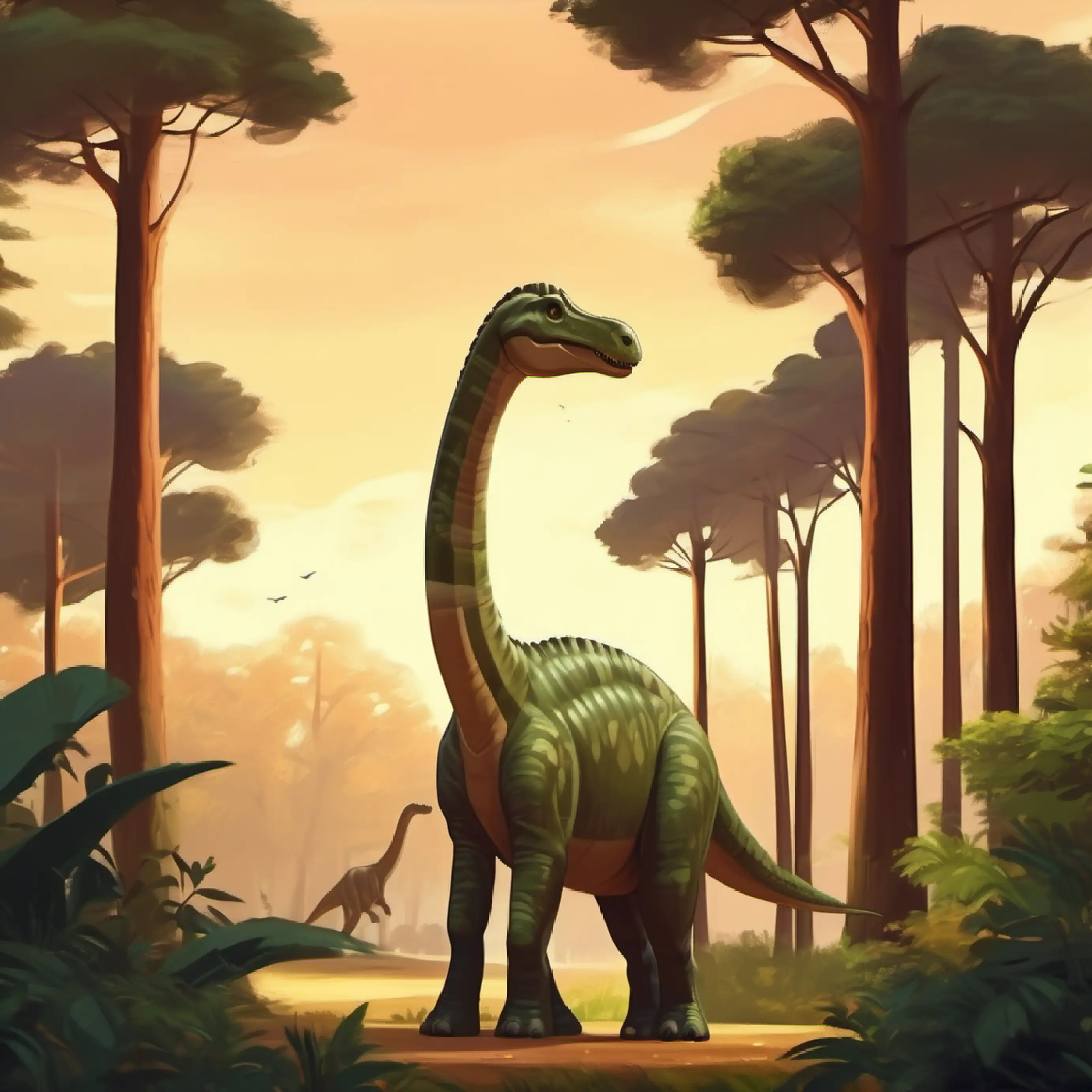 Tall Brachiosaurus with long neck, dark eyes, brown skin eating leaves, morning, tall trees