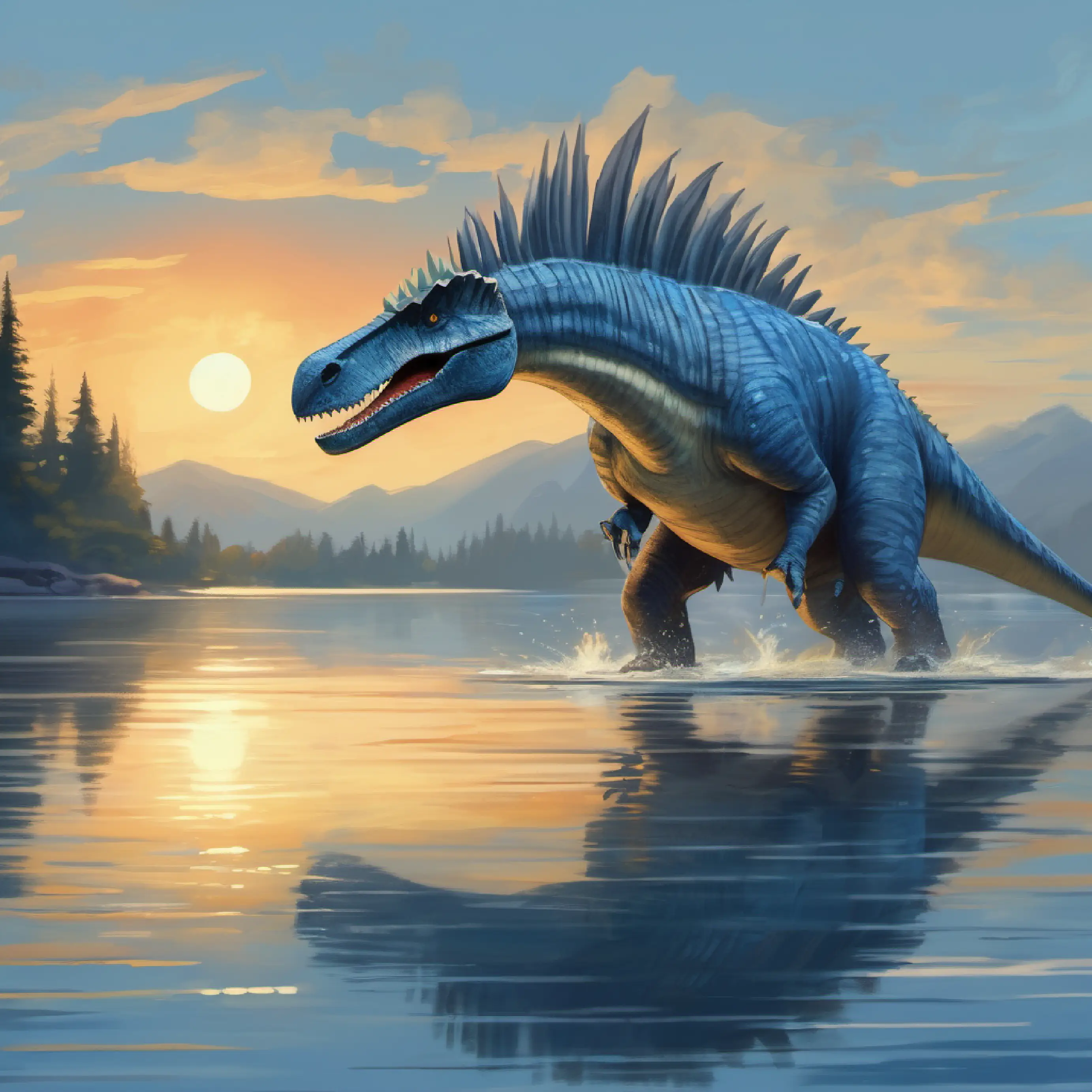 Big Spinosaurus with spiky back, blue-gray skin, scary look drinking, lakeside, surprised fish