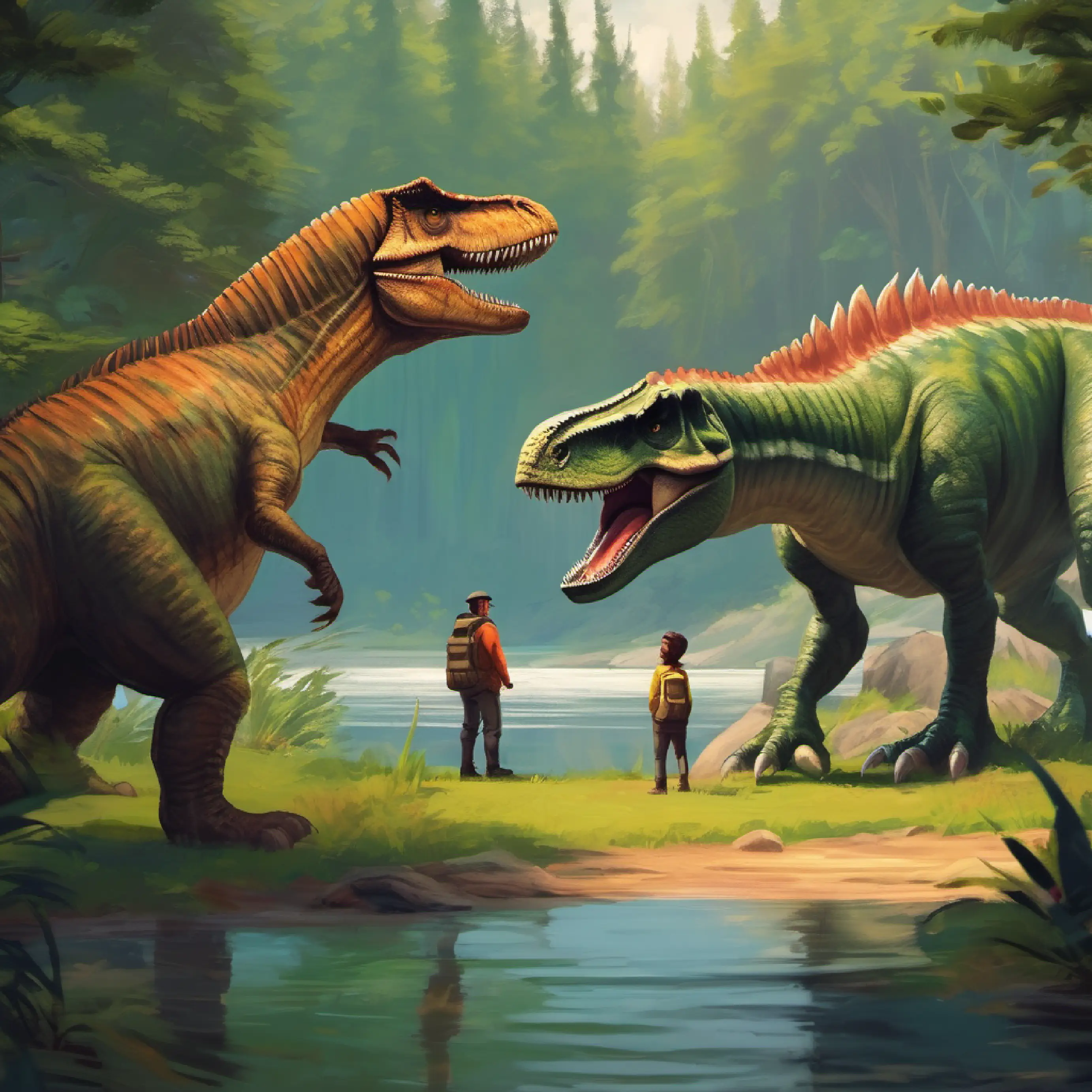 Spinosaurus and T-Rex face-off, by the lake, tense atmosphere