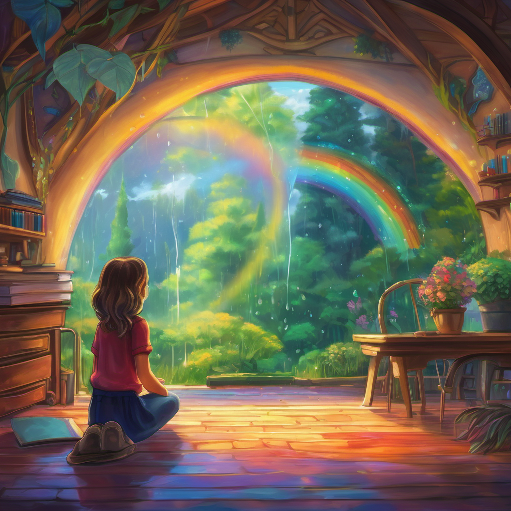 Holding her breath, Riley marveled at the sight. She wondered how such an incredible phenomenon could occur. Motivated by her endless curiosity, Riley decided to explore this mesmerizing display. Riley quickly gathered her notebook and colored pencils, ready to document her findings. She observed that when light passed through a raindrop, it bent, or refracted, just like a straw in a glass of water. This made the colors in the light spread out, forming the lovely arch of colors known as a rainbow.