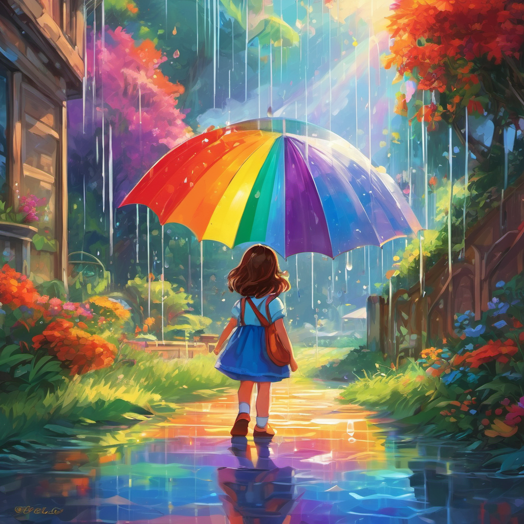 The little girl couldn't contain her excitement as she dashed from one raindrop to another, discovering more about the incredible world of refraction. As she ventured closer to a rainbow, Riley realized the colors were always in the same order - red, orange, yellow, green, blue, indigo, and violet. Overwhelmed with joy and inspired by the rainbow's beauty, Riley sat down beneath it and pondered its meaning. She realized that just like the colors in the rainbow, people could be different yet still come together to create something truly magnificent.