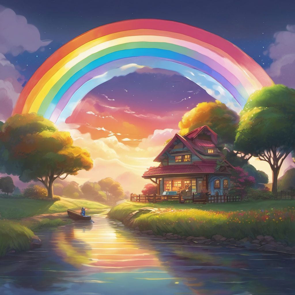 From that day on, whenever the town was blessed with a rainbow after rainfall, people's faces would light up with smiles as they remembered Riley's magical adventure and the lesson she taught them. And every time a rainbow appeared, Riley would look up at the sky and feel a warm sense of accomplishment, knowing that she had helped others see the beauty that emerges from interactions, just like the rainbow did. And so, Riley's Rainbow Reflection became a symbol of unity, reminding everyone that despite our differences, when we come together, amazing things can happen, just like the incredible rainbow that touched Riley's heart forever.
