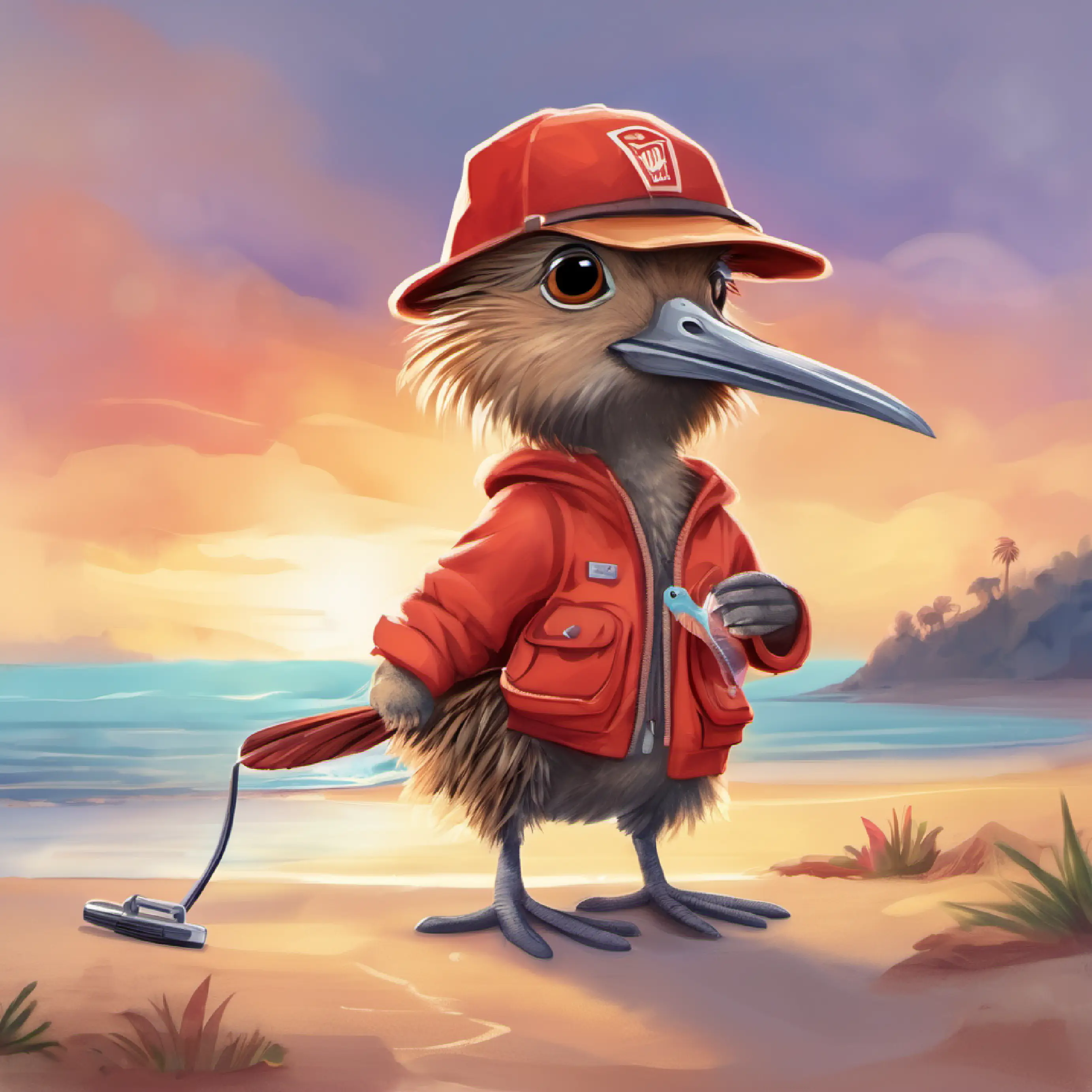 An adorable, cute, anthropomorphic, light brown, scruffy, stringy, skinny, scruffy, baby weka bird, with a long sharp, gray beak, whiskers and big, googly brown eyes, he is wearing: A cap with the name Wally on it, Red TShirt, long Cargo Pants, socks and sneakers, he is holding a metal detector, when he sees a diamond ring on a beach. ar1:1 Soft faded watercolor painting, bright colors, faded edges like fauvism, tender.