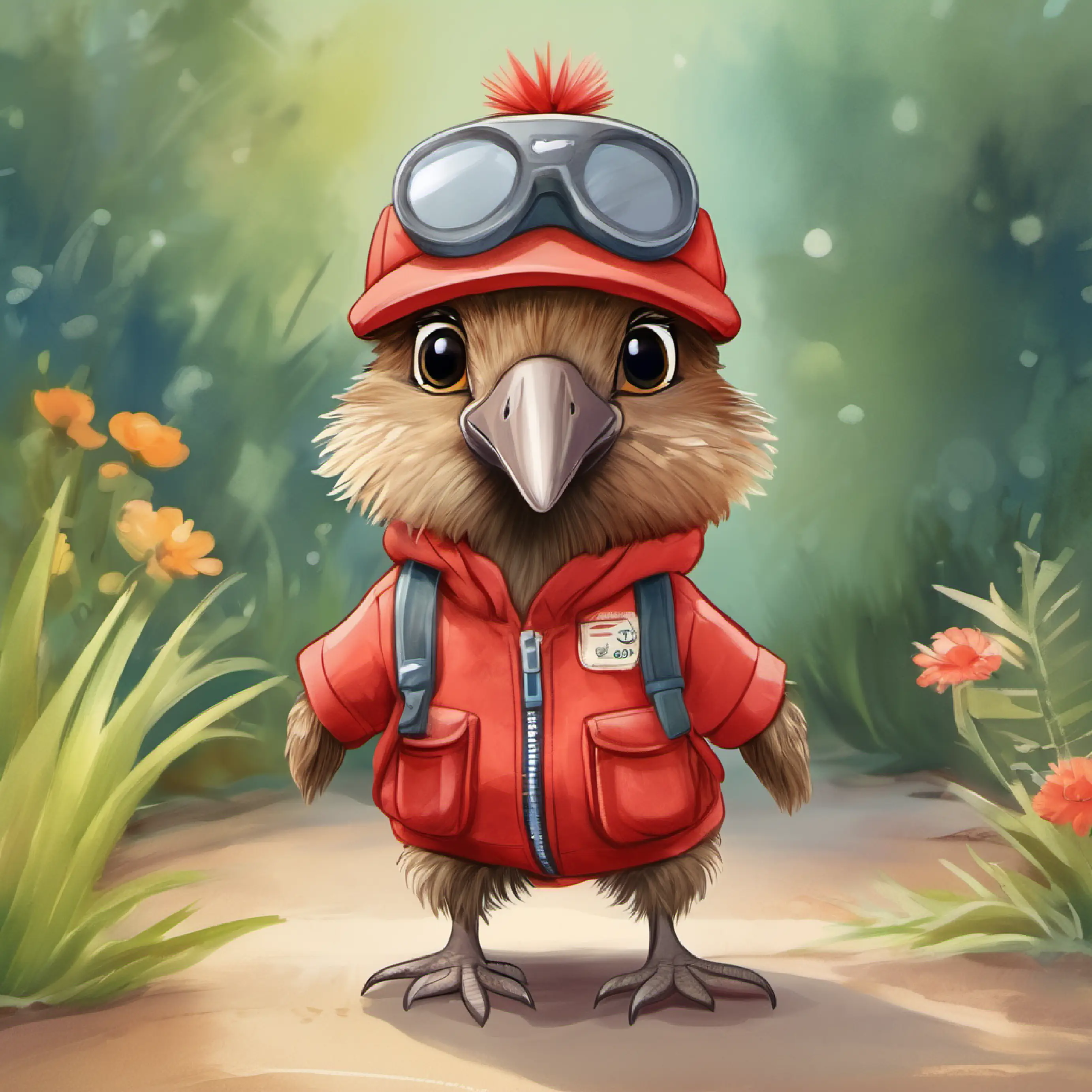 An adorable, cute, anthropomorphic, light brown,long, gray beak, scruffy, stringy, skinny, scruffy, baby weka bird, with a long sharp beak, whiskers and big, googly brown eyes, he is wearing: A cap with the name Wally on it, Red TShirt, long Cargo Pants, socks and sneakers, he is holding a pair of binoculars, when he sees plumbing parts in a back garden. ar1:1 Soft faded watercolor painting, bright colors, faded edges like fauvism, tender.