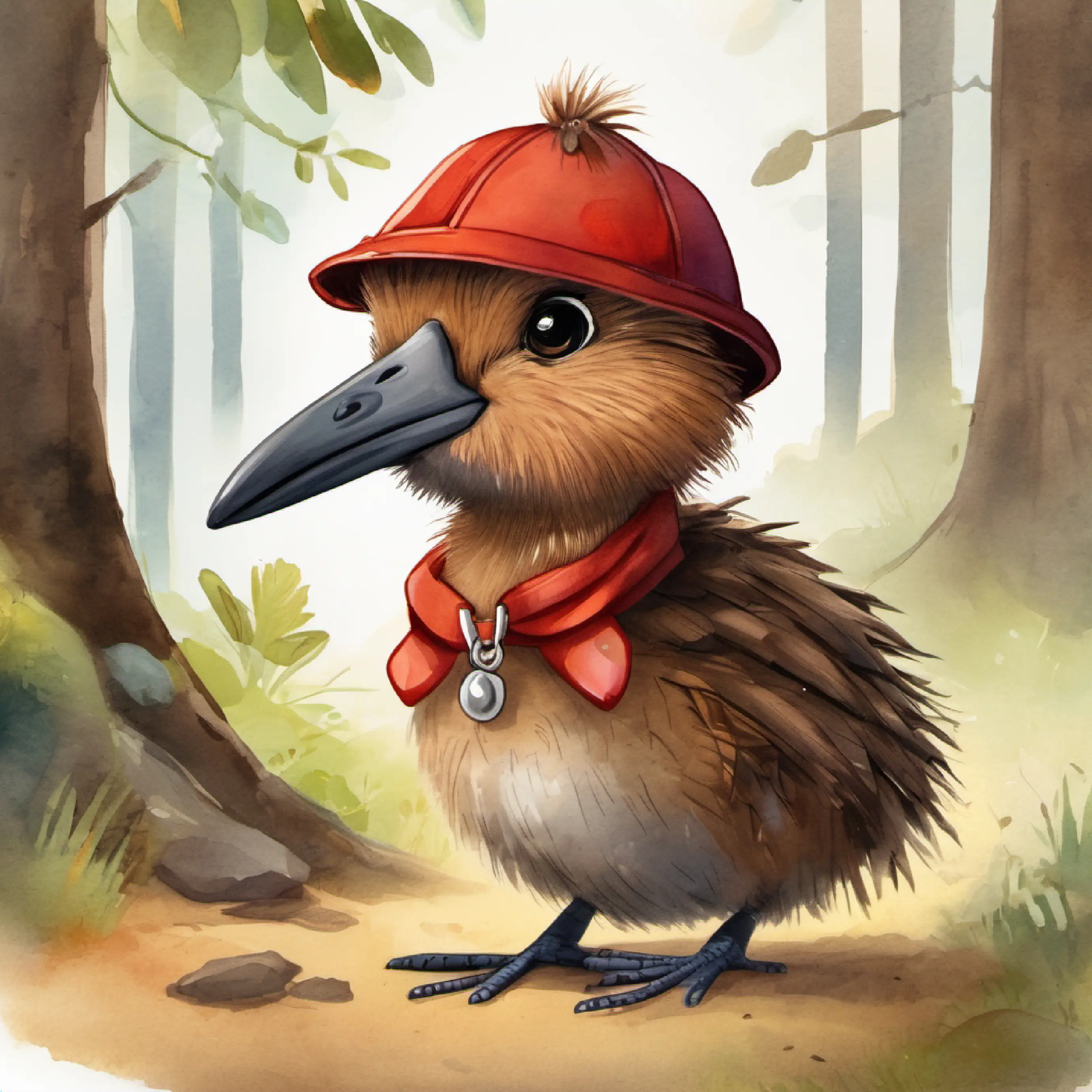 An adorable, cute, anthropomorphic, light brown, scruffy, stringy, skinny, scruffy, baby weka bird, with a long sharp, gray beak, whiskers and big, googly brown eyes, he is wearing: A cap with the name Wally on it, Red TShirt, long Cargo Pants, socks and sneakers, he is building a hut in the forest with jewellery a!d plumbing parts.. ar1:1 Soft faded watercolor painting, bright colors, faded edges like fauvism, tender.