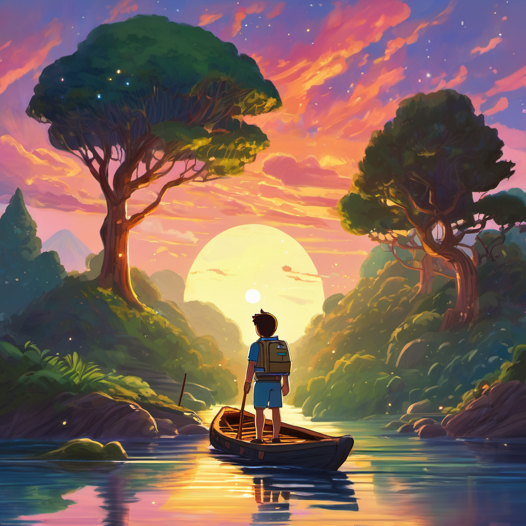 Days turned into nights, and nights turned into days, as Finn coasted along on his raft. He marveled at the breathtaking sunsets and the sparkling stars that guided his way. Just as Finn was about to give up hope for finding something new, he noticed a little speck in the distance. It grew larger and larger until he realized it was a floating island! With excitement in his heart, Finn steered his raft towards the magical floating island. When he finally arrived, he couldn't believe his eyes. The island was covered with lush greenery and vibrant trees that shimmered in every color of the rainbow. It truly was a sight to behold!