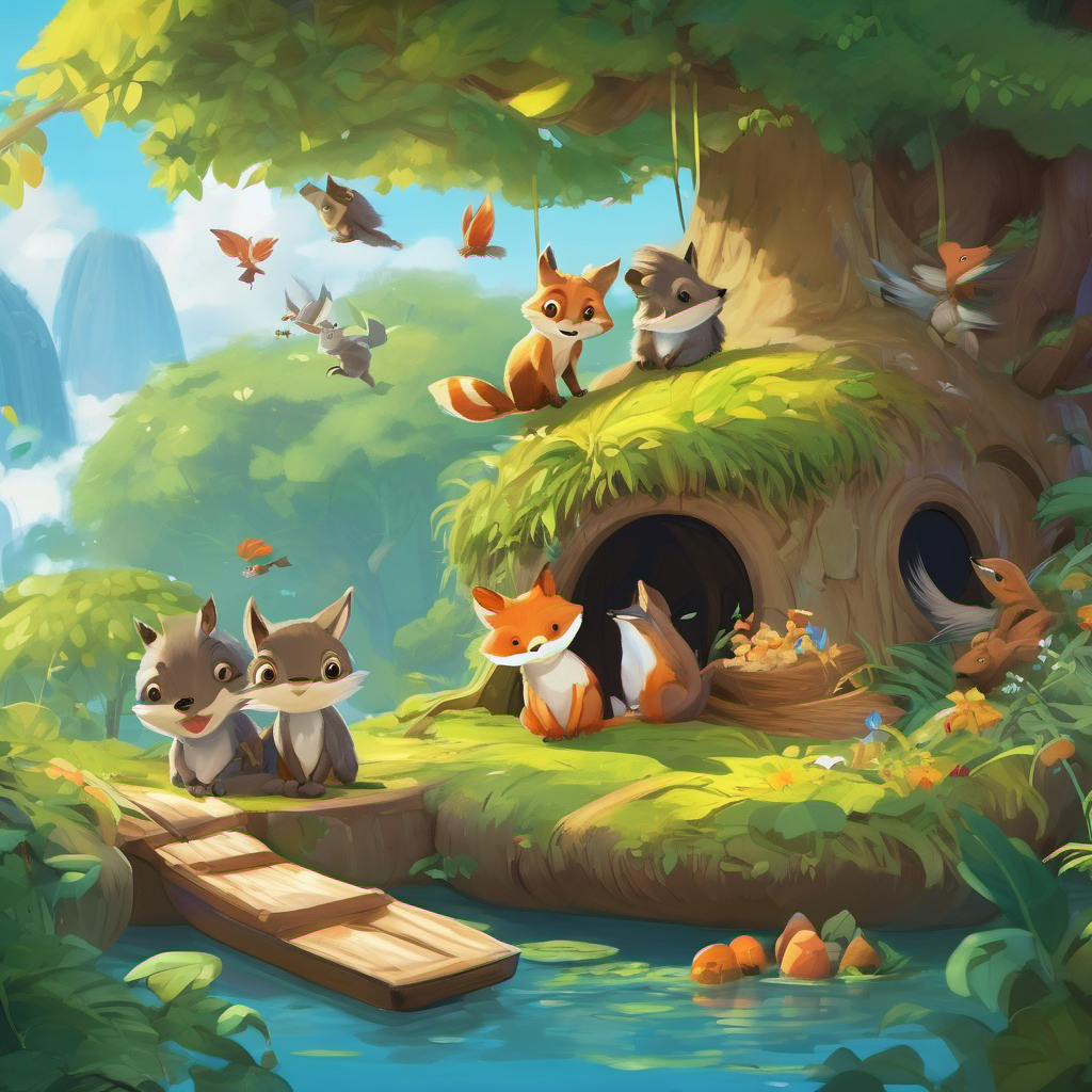 With each passing day, more lost animals found their way to the floating island. There were squirrels, birds, and even a baby fox named Felix. Finn knew he had to teach the animals how to live together in peace and harmony. They learned to share food, water, and love, just like a big family. News of Finn's floating island spread far and wide, and soon many kind-hearted people came to help. They brought seeds, tools, and even more knowledge to transform the floating island into an even more magical sanctuary. The once-lost animals now had a thriving community, where they all belonged.