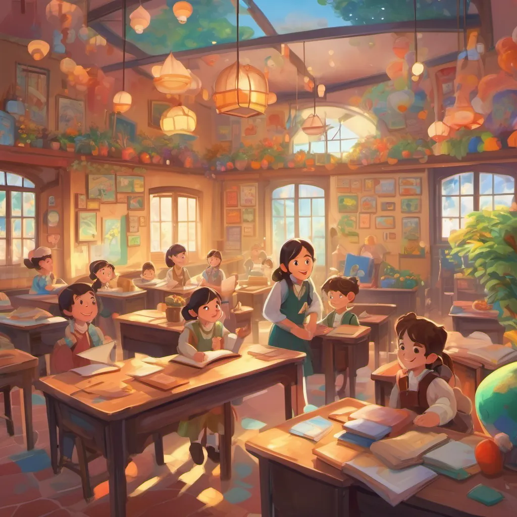 A whimsical, colorful classroom with happy children and a teacher who exudes warmth and excitement.