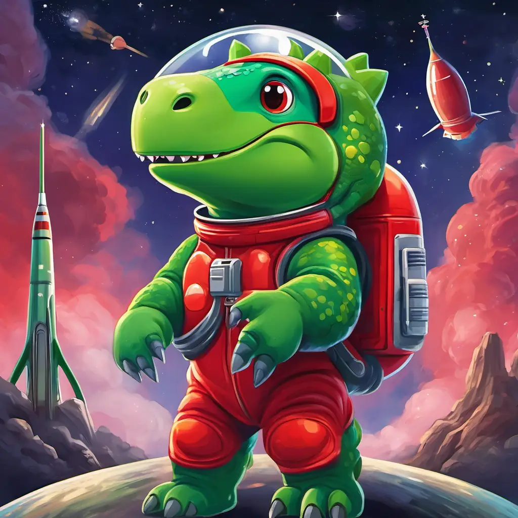 A green dinosaur wearing a red space helmet, a green dinosaur wearing a red space helmet, is standing in front of a rocket ship ready to blast off into space.