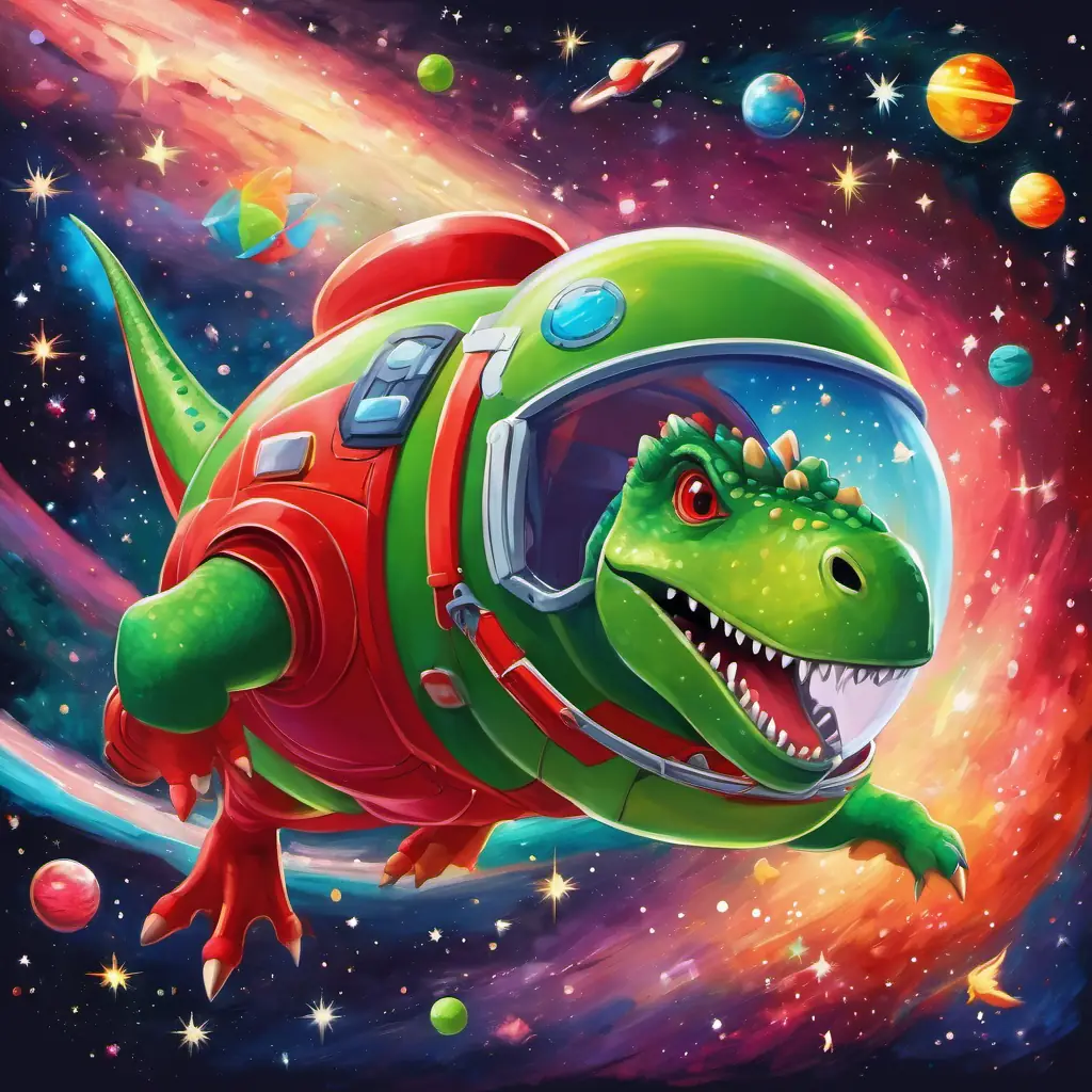 A green dinosaur wearing a red space helmet's rocket is zooming through the starry galaxy, surrounded by colorful planets and twinkling stars.