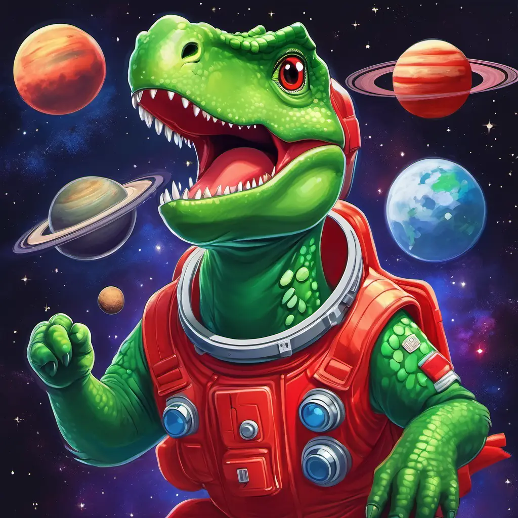 A green dinosaur wearing a red space helmet is floating outside his rocket, pointing at different planets with a big smile on his face.