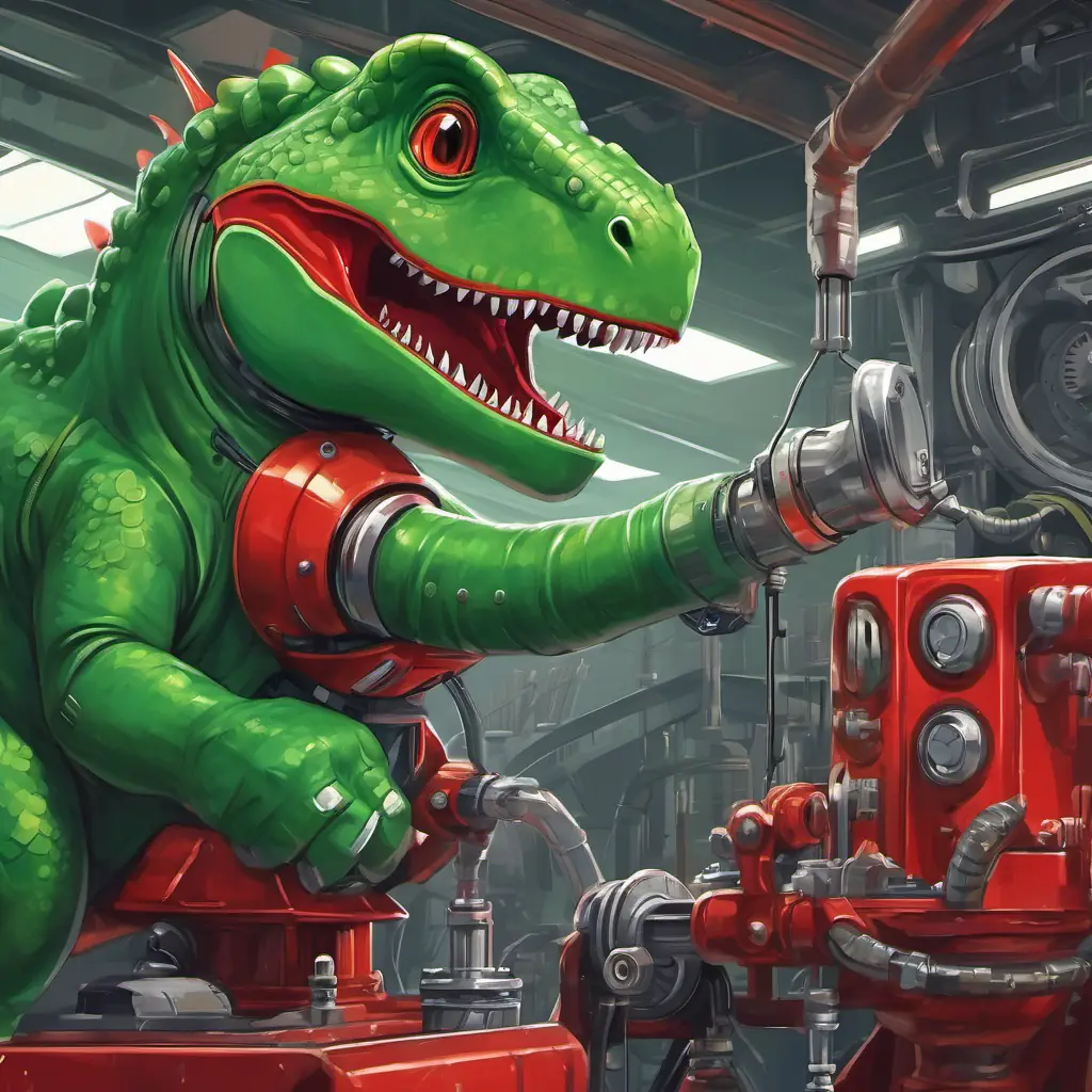 A green dinosaur wearing a red space helmet is holding a wrench, trying to fix the rocket engine that won't start.