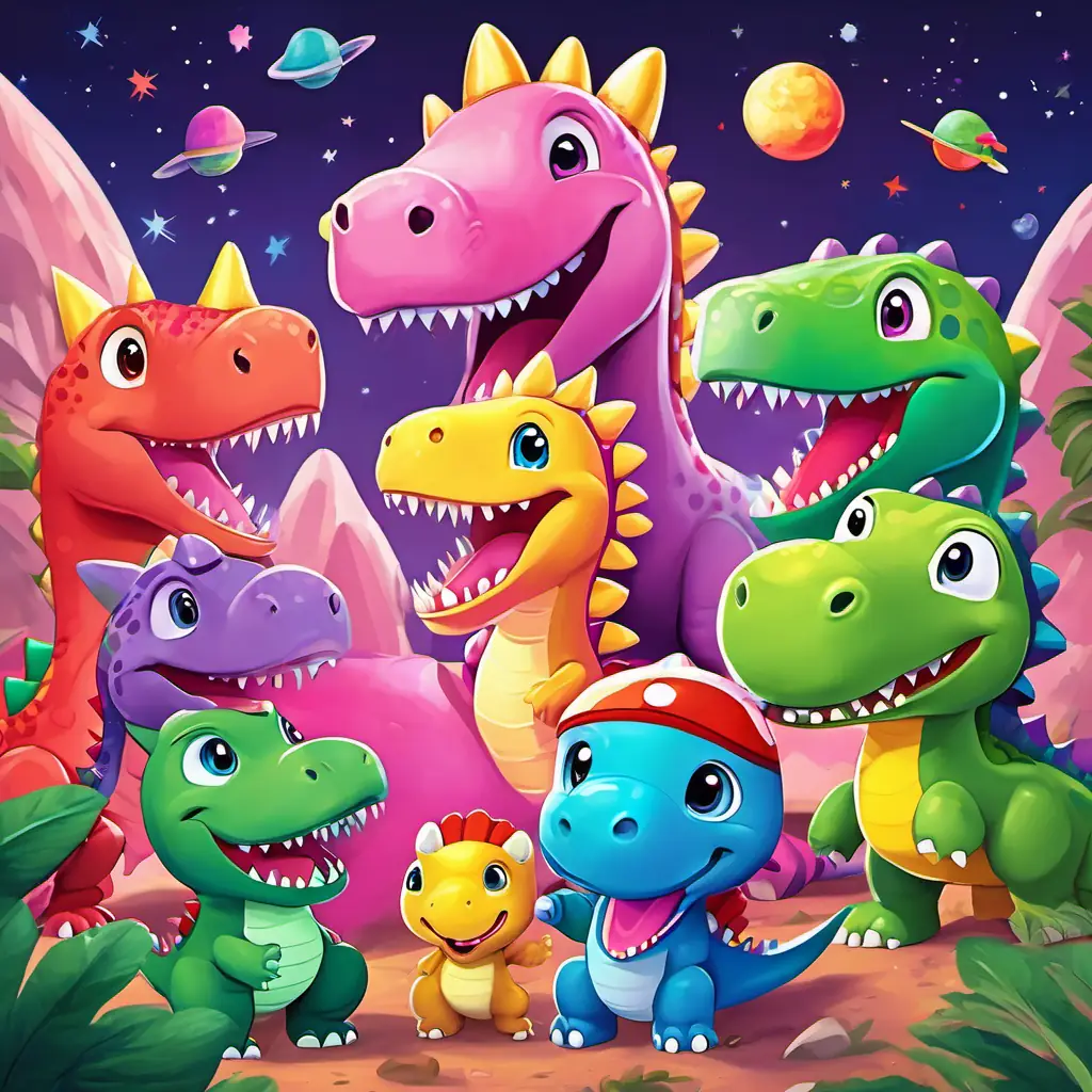 A green dinosaur wearing a red space helmet is back on Earth, surrounded by his friends - a A pink dinosaur with a friendly smile, a A yellow dinosaur with big round eyes, and a A purple dinosaur with tiny, sparkly scales - all clapping and cheering for him.