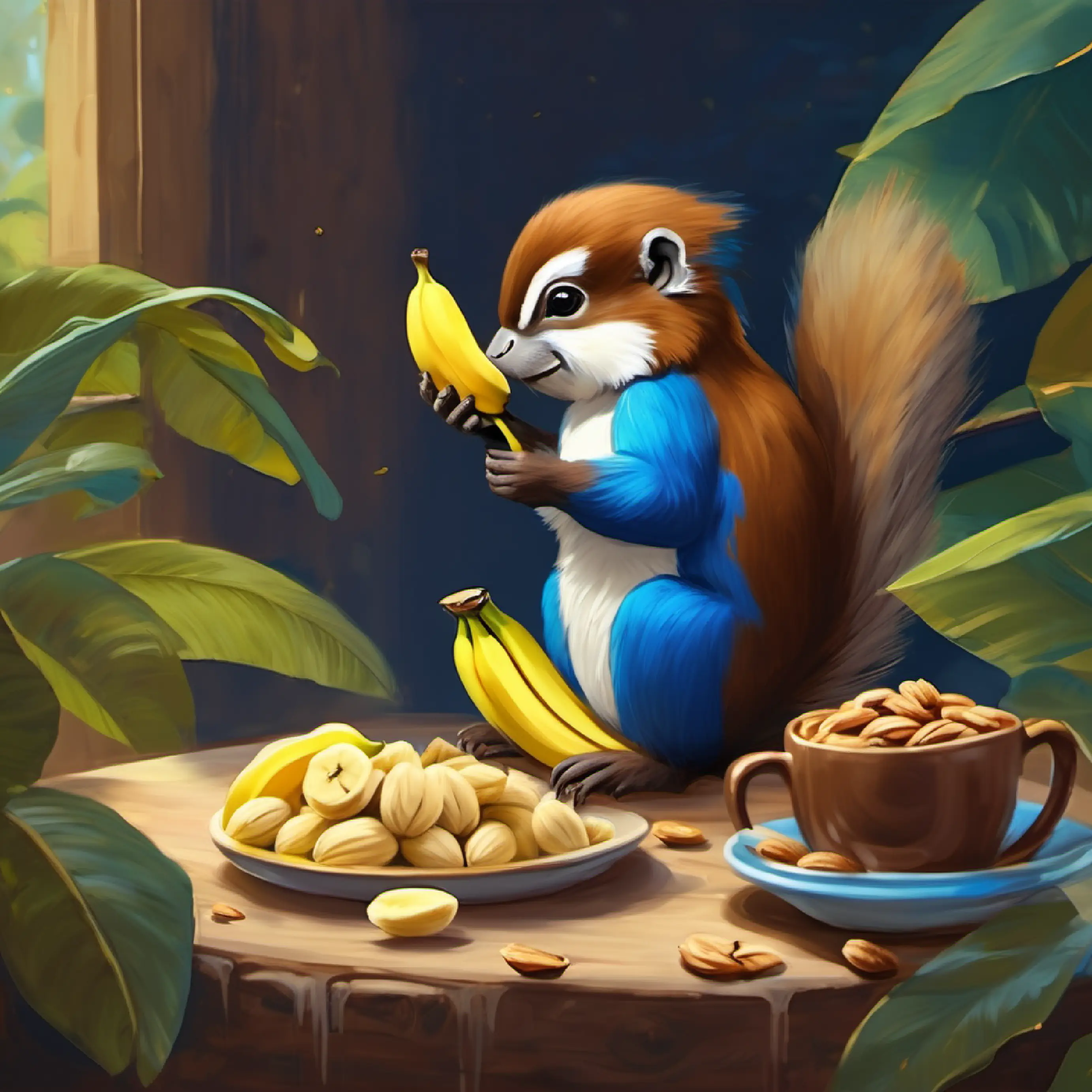 ardilla marron comiendo nueces, con pajaro azul que come semillas, chimpance cafe comiendo una banana