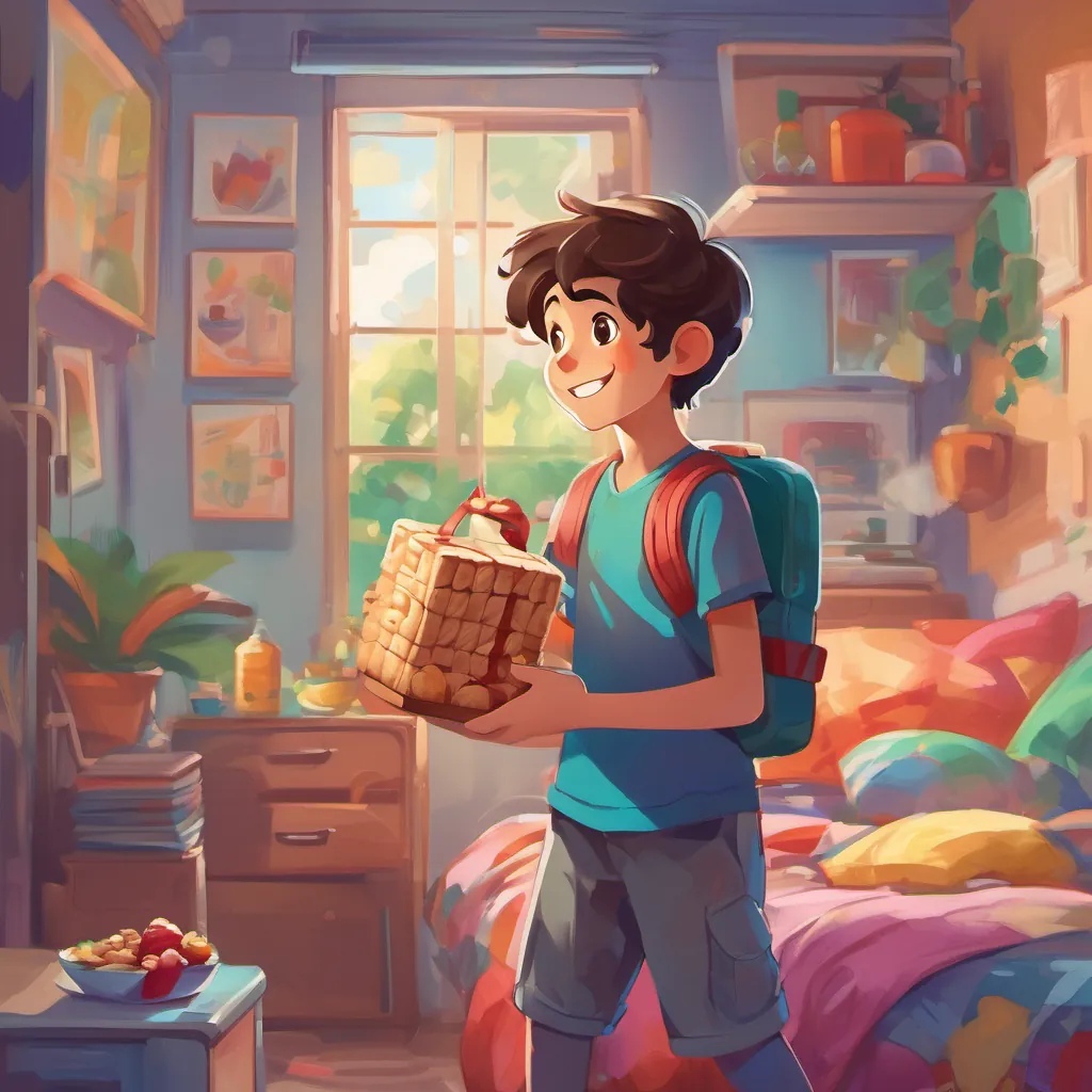 A cheerful young boy named a cheerful young boy, energetic and full of curiosity, dressed in casual, colorful clothes, always carrying a lunchbox waking up excitedly in his colorful bedroom, holding a lunchbox with a peanut butter and jelly sandwich.