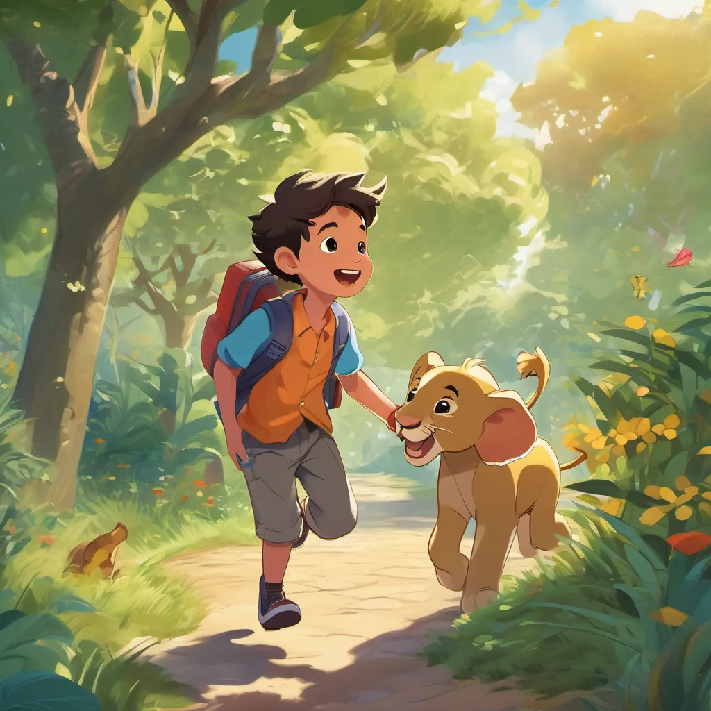 a cheerful young boy, energetic and full of curiosity, dressed in casual, colorful clothes, always carrying a lunchbox skipping and hopping down a sunny path toward the zoo, singing joyfully with animals, including an elephant and a lion, peeking from the trees.