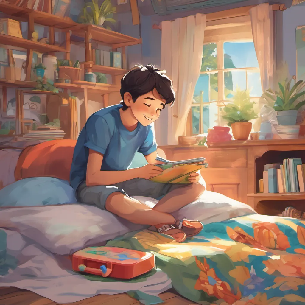 a cheerful young boy, energetic and full of curiosity, dressed in casual, colorful clothes, always carrying a lunchbox lying in bed, dreaming about his zoo friends, with a peaceful and content smile on his face. The scene has a dreamy and cozy ambiance.