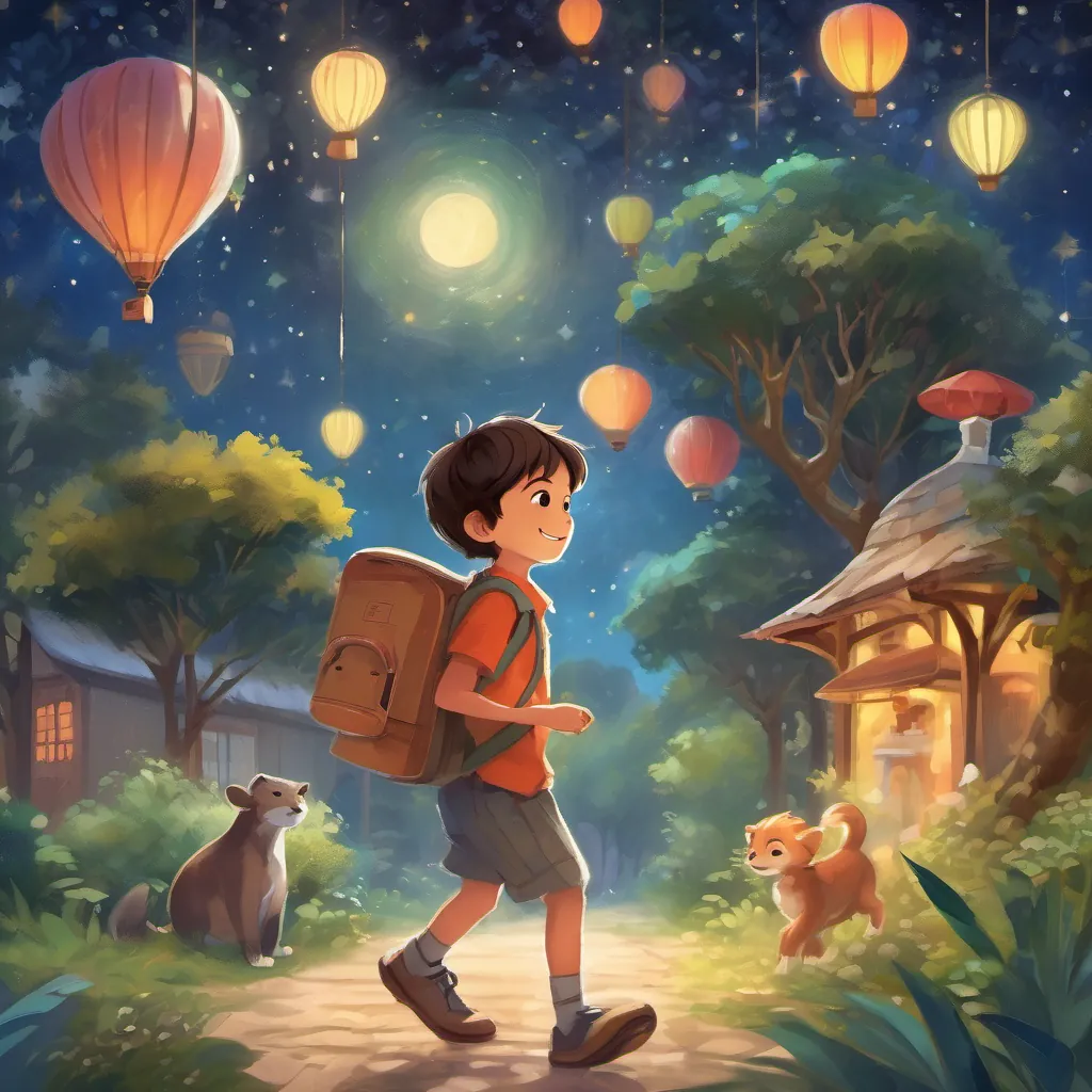 A dreamy scene of a cheerful young boy, energetic and full of curiosity, dressed in casual, colorful clothes, always carrying a lunchbox peacefully asleep, with a vision of the zoo under a starry night sky. The atmosphere is magical and serene.