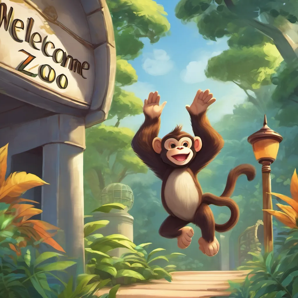 A playful monkey named Cheeky at the zoo entrance, waving energetically beside a sign that says 'Welcome to the Zoo!'