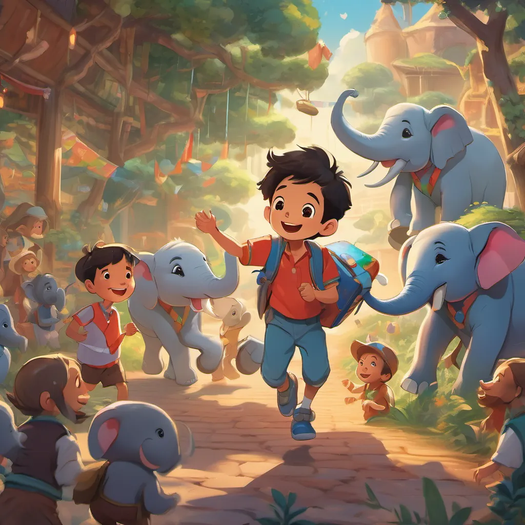 a cheerful young boy, energetic and full of curiosity, dressed in casual, colorful clothes, always carrying a lunchbox dancing joyfully with a group of elephants who are using their trunks like musical instruments, creating a fun, musical scene.