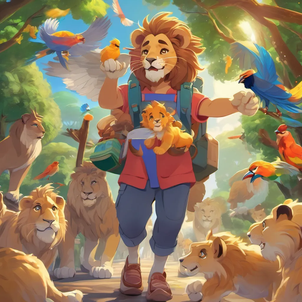 Majestic lions with thick manes inviting a cheerful young boy, energetic and full of curiosity, dressed in casual, colorful clothes, always carrying a lunchbox to play while colorful birds fly overhead, creating a lively and inviting atmosphere.