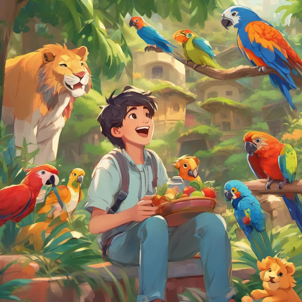 a cheerful young boy, energetic and full of curiosity, dressed in casual, colorful clothes, always carrying a lunchbox laughing and roaring with lions, then visiting colorful parrots who are chatting and inviting him to play. The scene is vibrant and full of life.